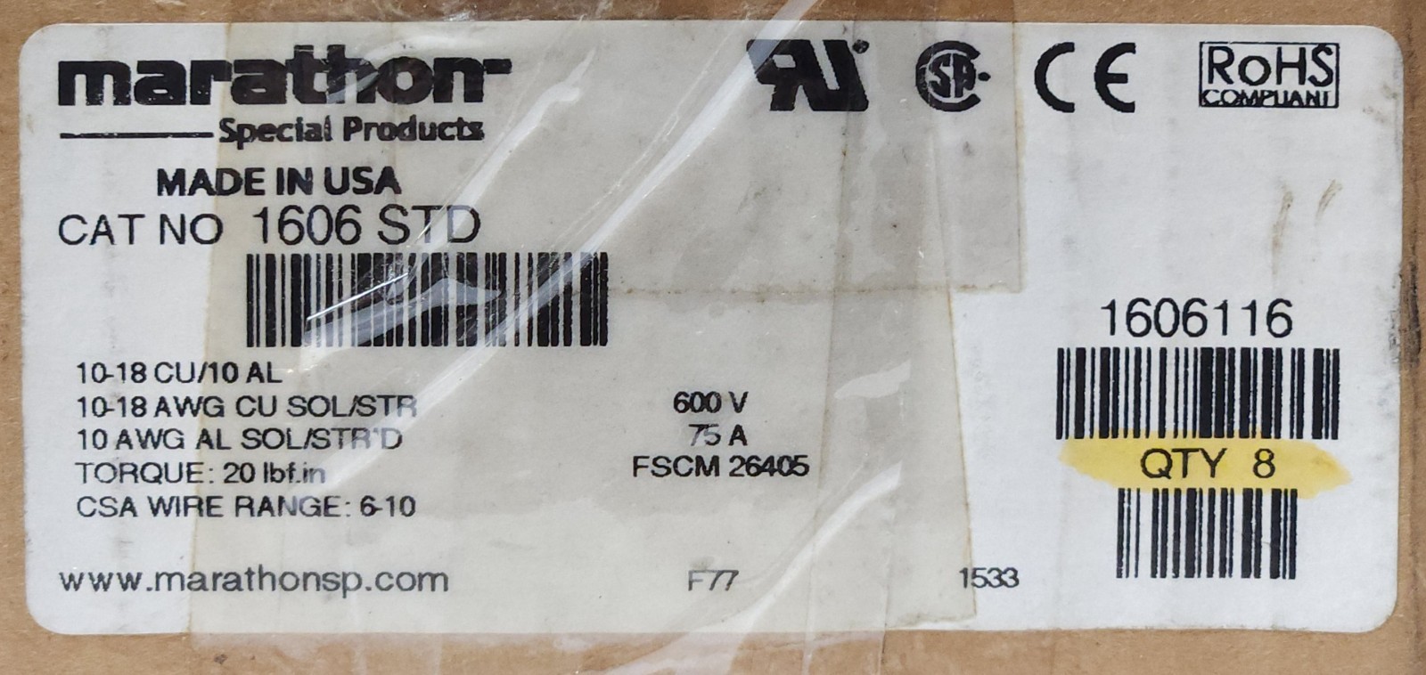 MARATHON 1606 STD 6 Pole 12 Screw Terminal Block Strip 75 AMP 600 VAC 10-18 CU