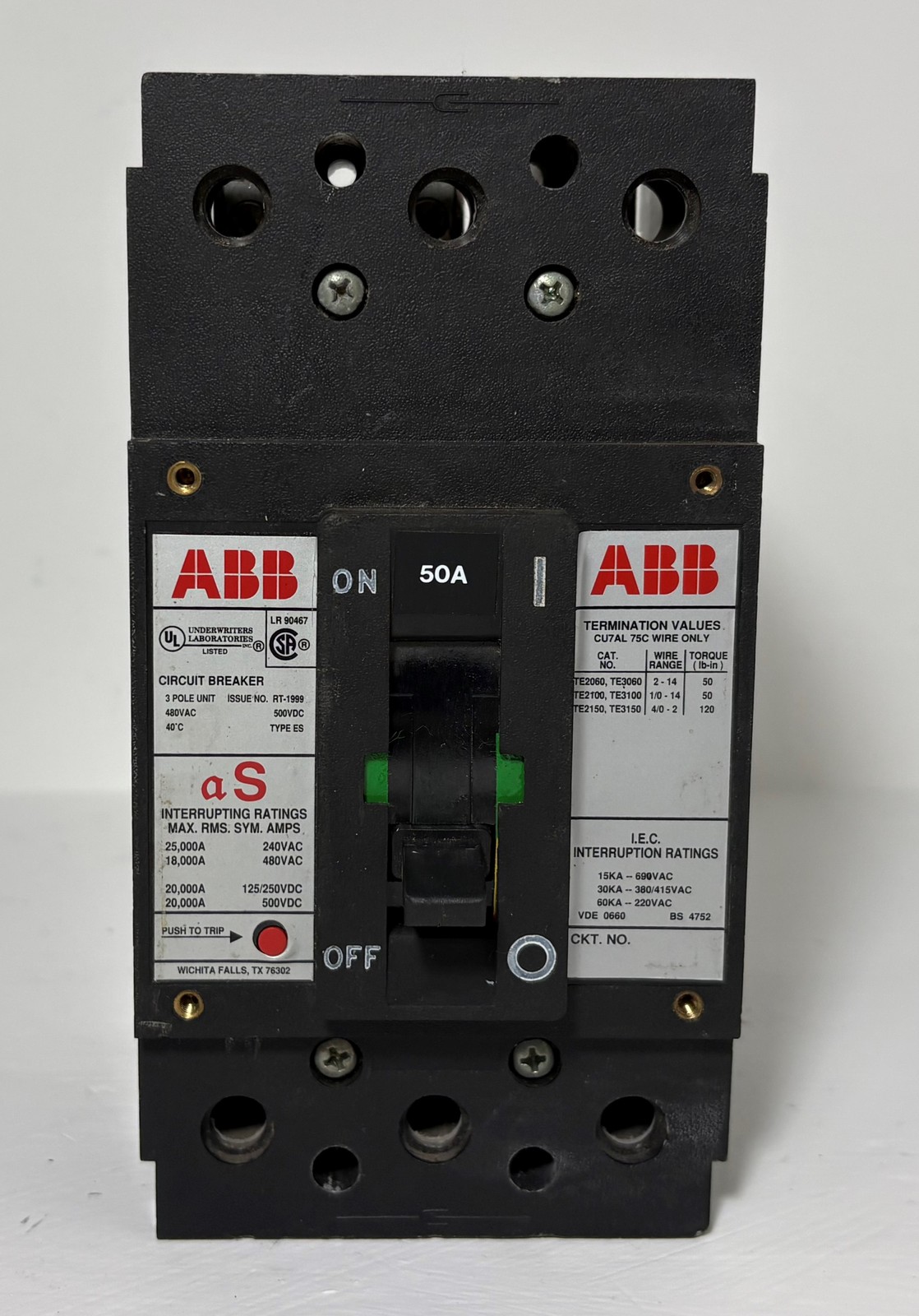 ABB Type ES 50A 3 Pole Circuit Breaker 18kA @ 480 VAC RT-1999 50 Amp 3P