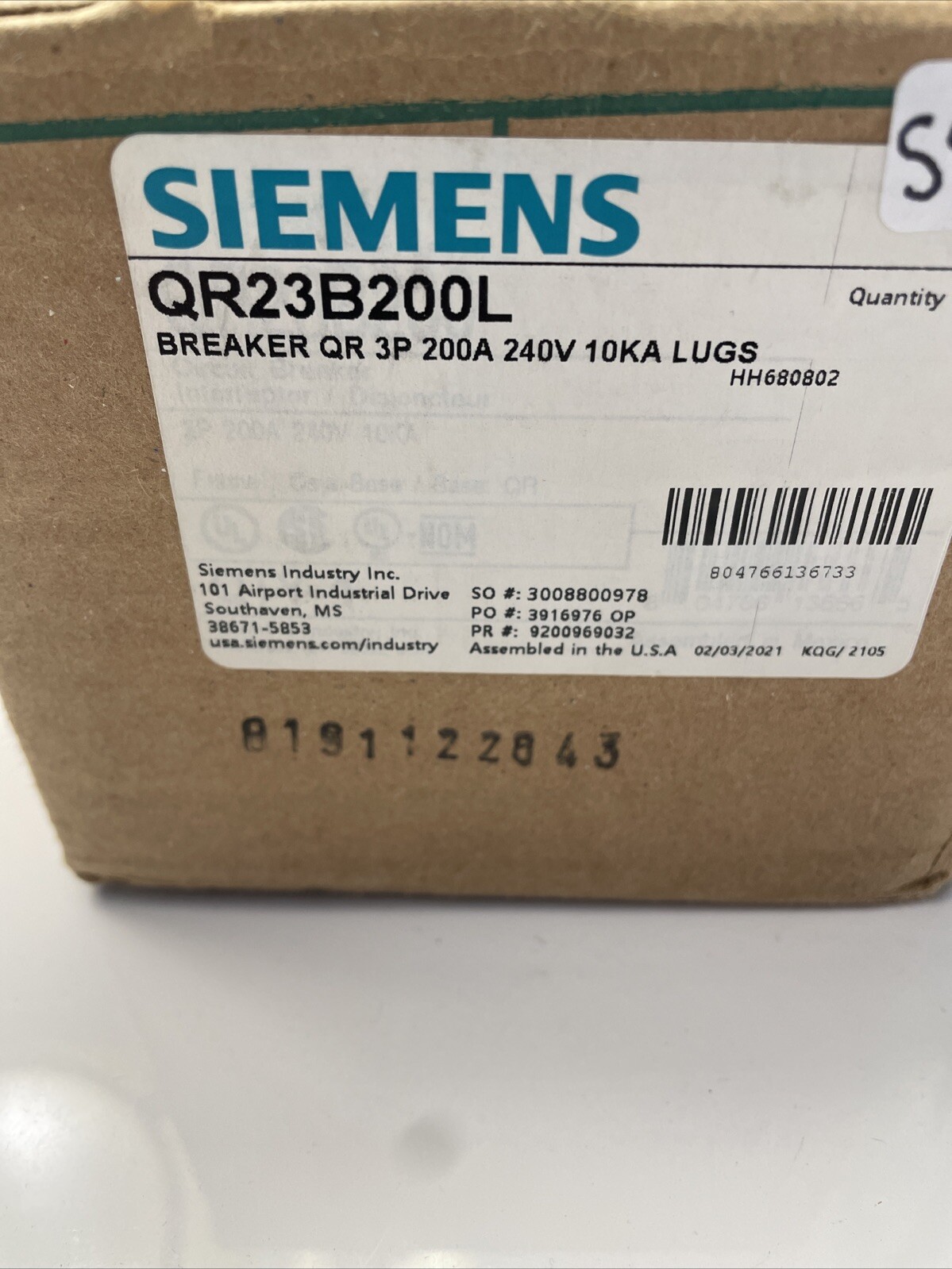 Siemens QR23B200L Low Voltage Molded Case Circuit Breaker 3P 200A 10KA (SSS8)