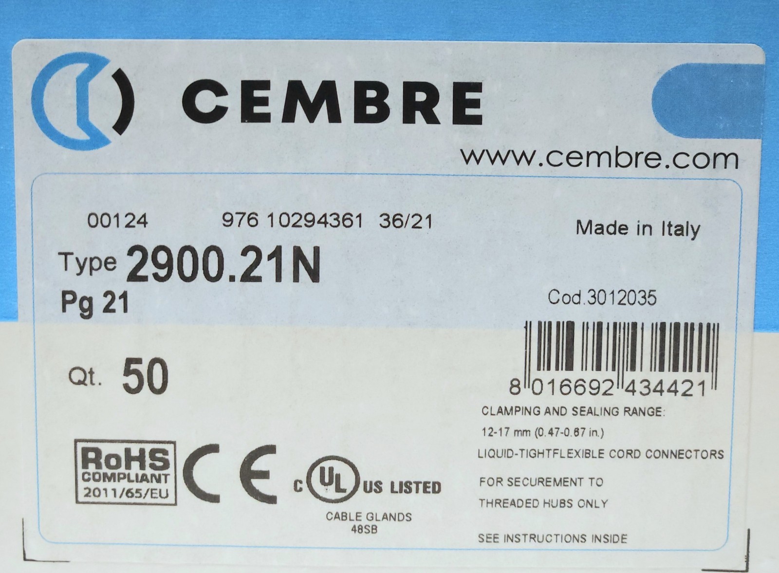 LOT OF 10 CEMBRE Type 2900.21N PRESSCAVI MAXIBRASS CABLE GLAND IP68 Pg 21 2900PG