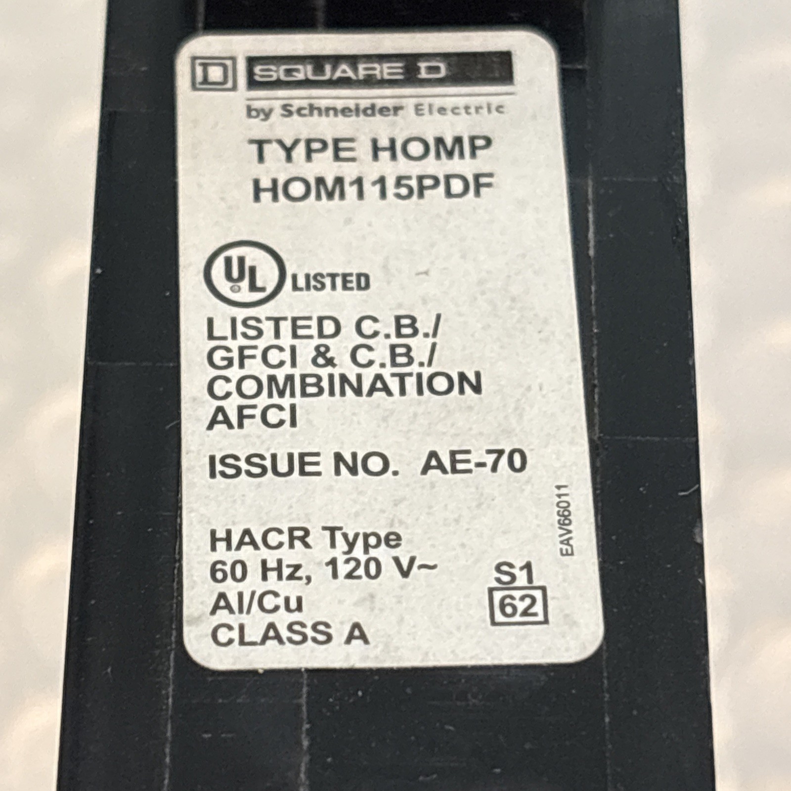 SQUARE D HOMELINE HOM115PDF HOM115PDFC 15A AFCI/GFCI PLUG ON NEUTRAL, NOB