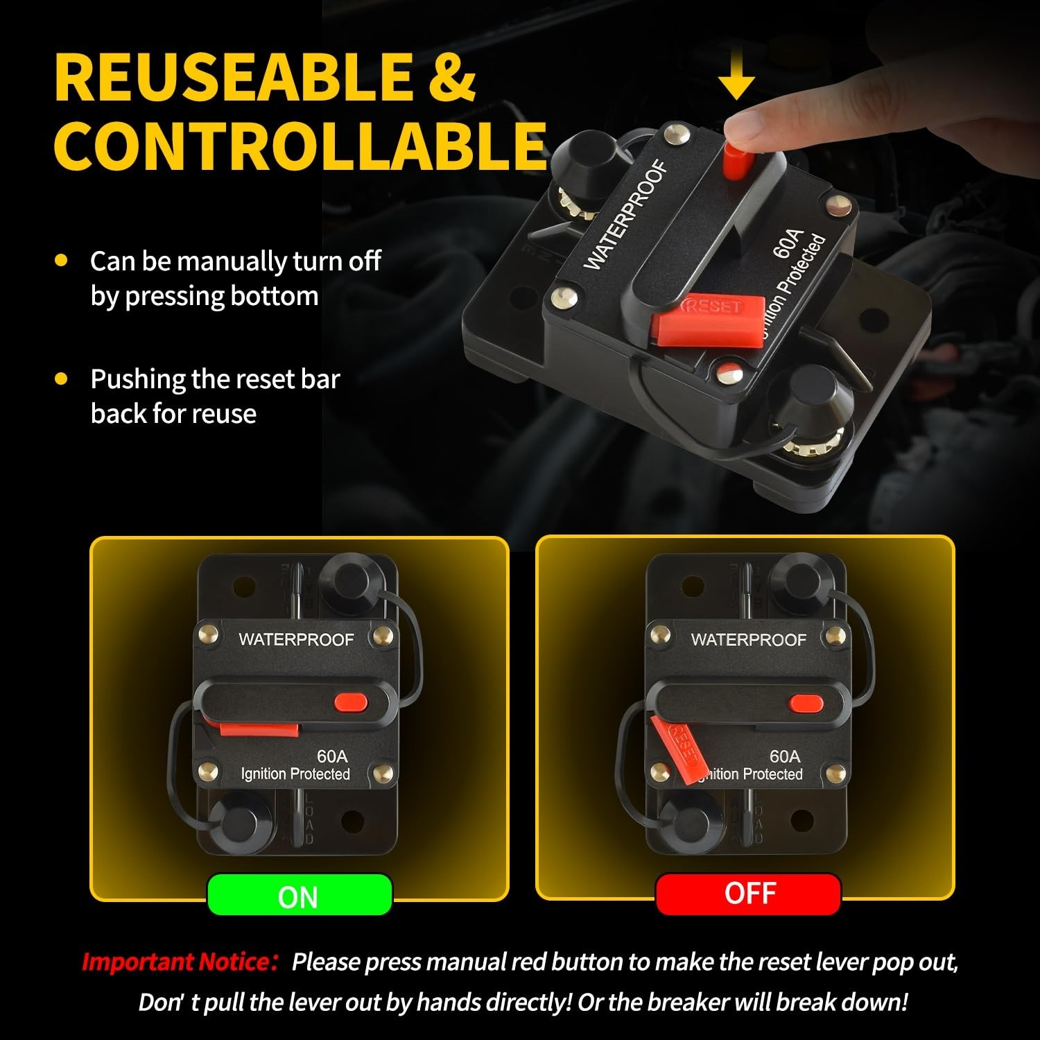 Pack of 2: 60A DC Battery Protection Circuit Breaker with Waterproof Design