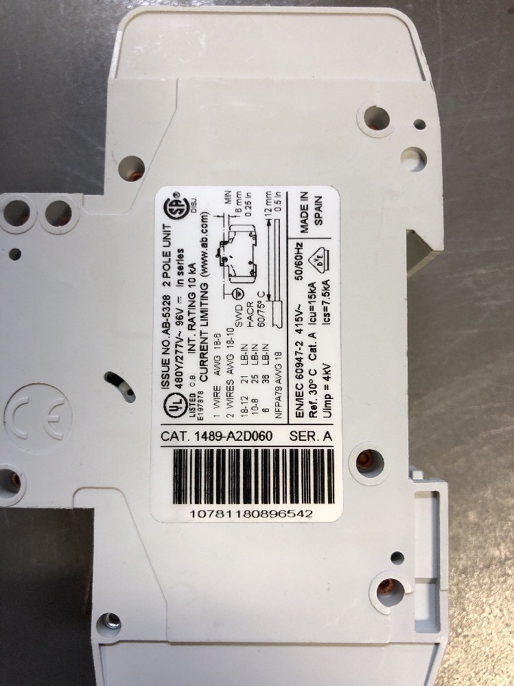 NEW, ALLEN BRADLEY, 1489A2D060, 2 POLE, 277/480V, 6A, CIRCUIT BREAKER. (12E-3)