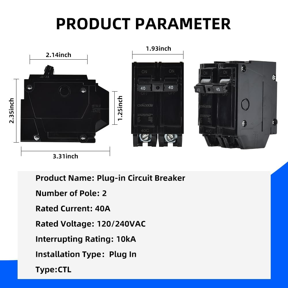 40 Amp Breaker, 2 Pole Circuit Breaker 120/240VAC 10KA Plug-in Mount