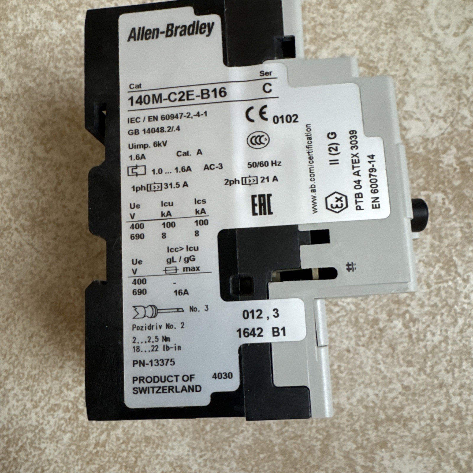 ALLEN BRADLEY 140M-C2E-B16 SER C MOTOR PROTECTOR CIRCUIT BREAKER 1.0-1.6A
