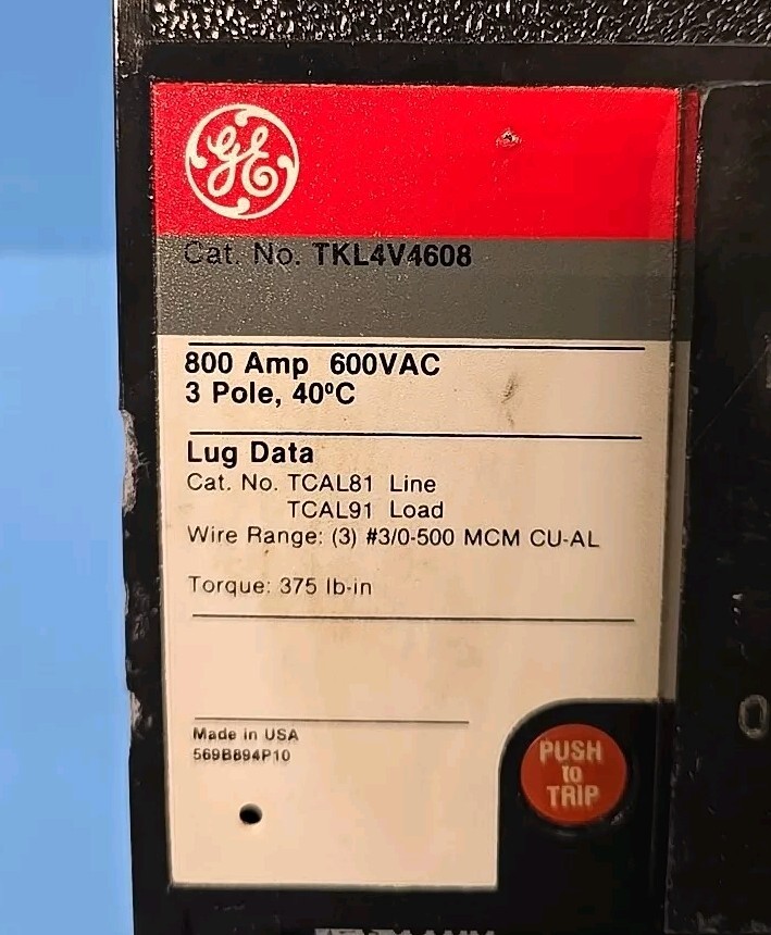 GE TKL4V4608 800A 600V 3Pole High IC Circuit Breaker /w Versa Trip T4VTG