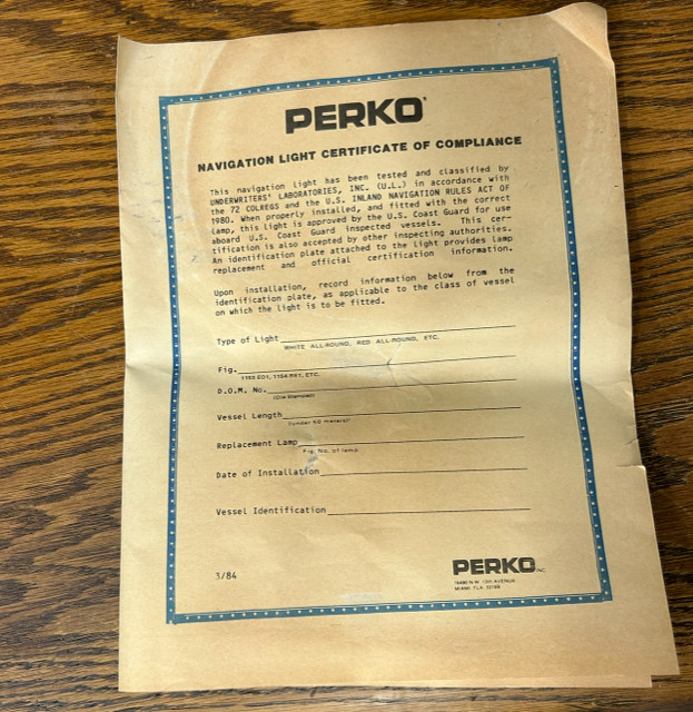 New in box Perko Vintage Navigation Light Marine Boat 1154ME1