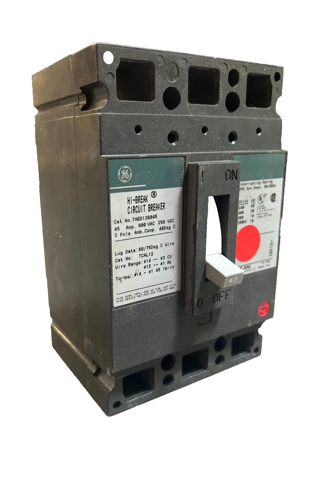 GE THED136045 Hi-Break Circuit Breaker 45A 3-Pole 600VAC