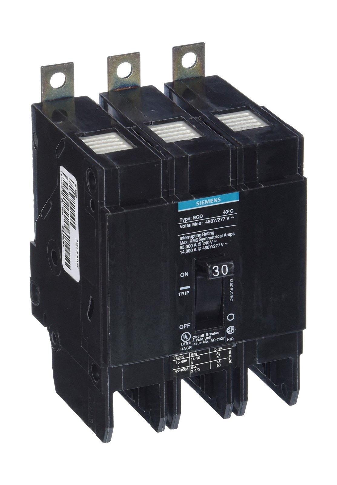 Siemens BQD330 30-Amp Three Pole 480Y/277V AC 14KAIC Bolt in Breaker