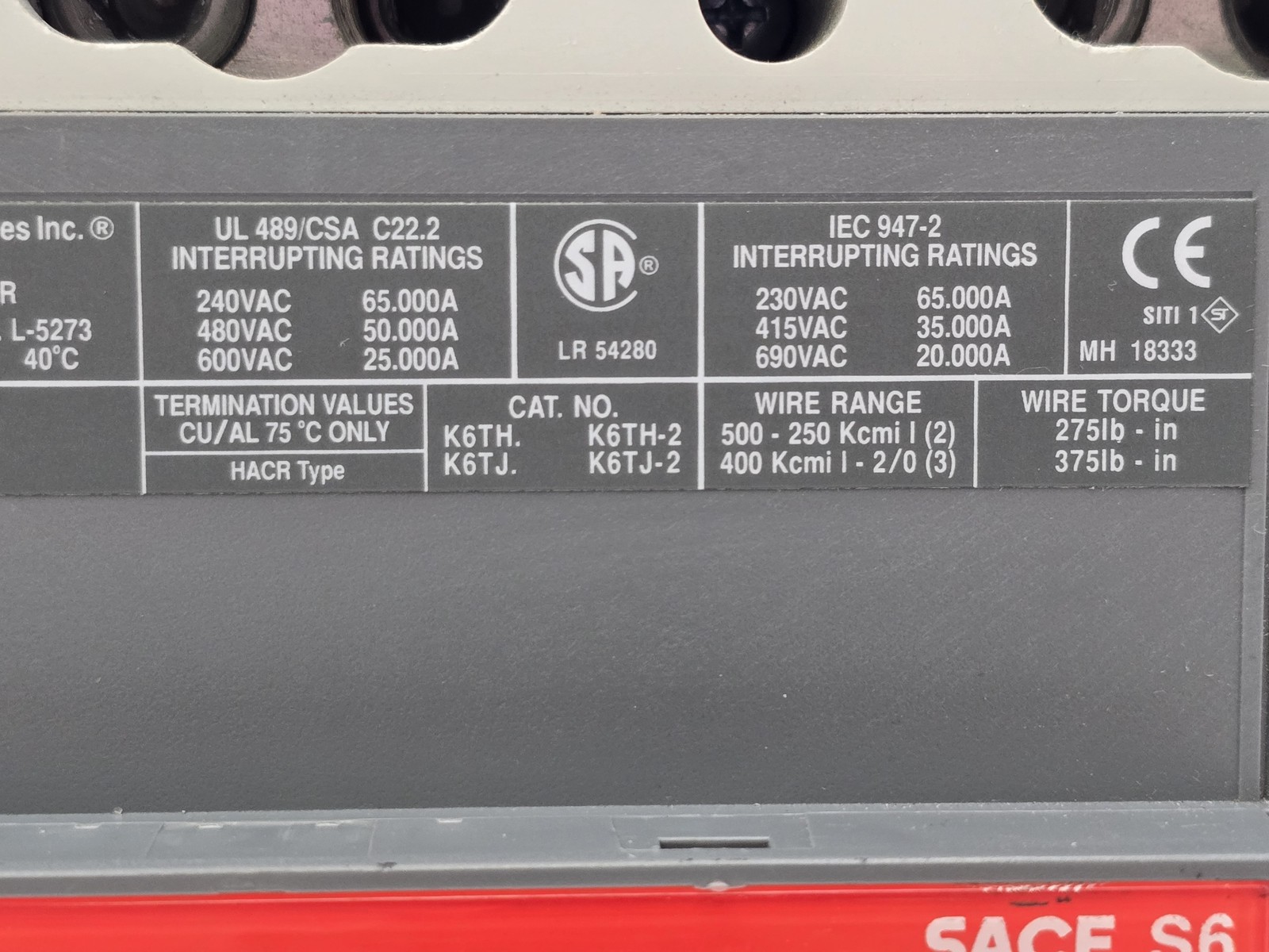 ABB S6N600BH0ASB Sace S6 Bolt On Circuit Breaker 600A 600VAC 3P HACR Shunt Trip