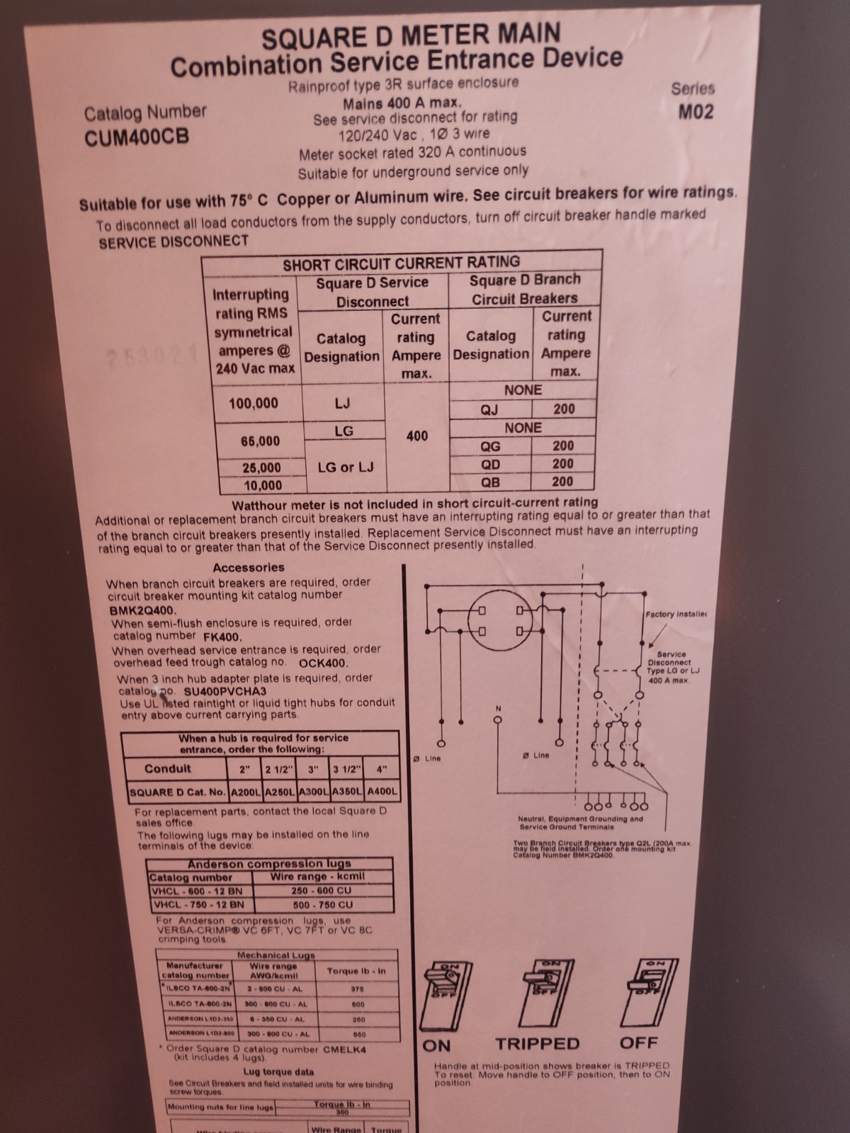 Square D CUM400CB Meter Main Combo Service Entrance 400A Main Breaker 120/240V