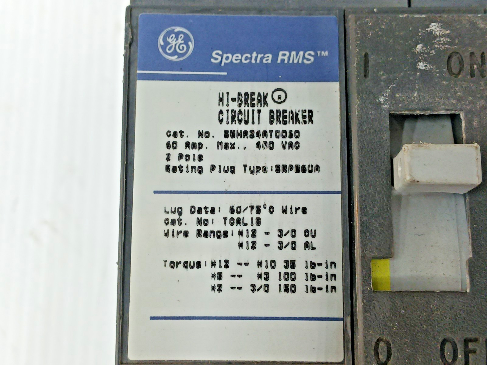 GE Spectra 60 Amp Circuit Breaker 2 Pole 480 VAC SEHA24AT0060 W/ 60 Amp Plug