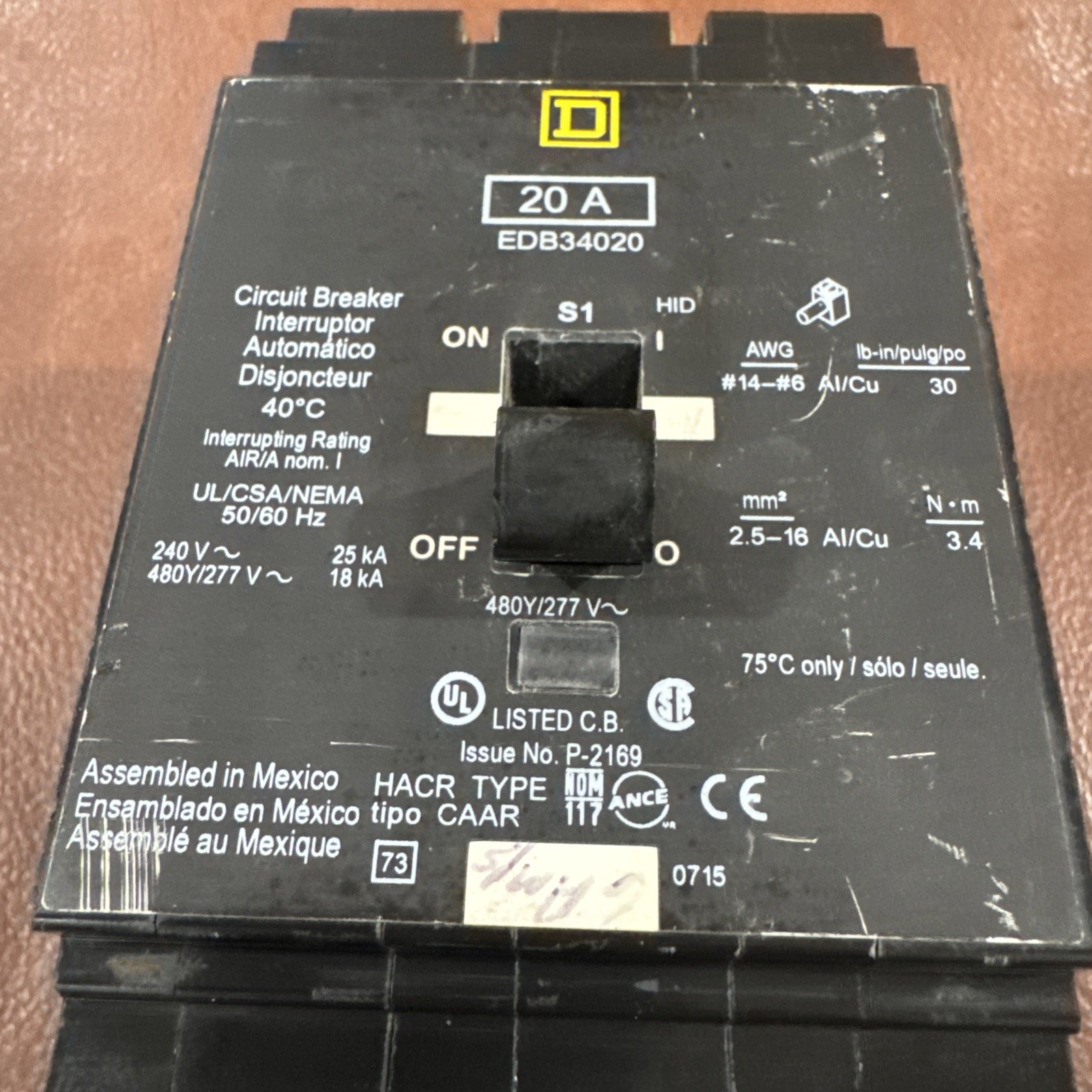 Square D EDB34020 Bolt On Circuit Breaker 20A 3P 480Y/277V 18KA EDB 3 Pole 20Amp