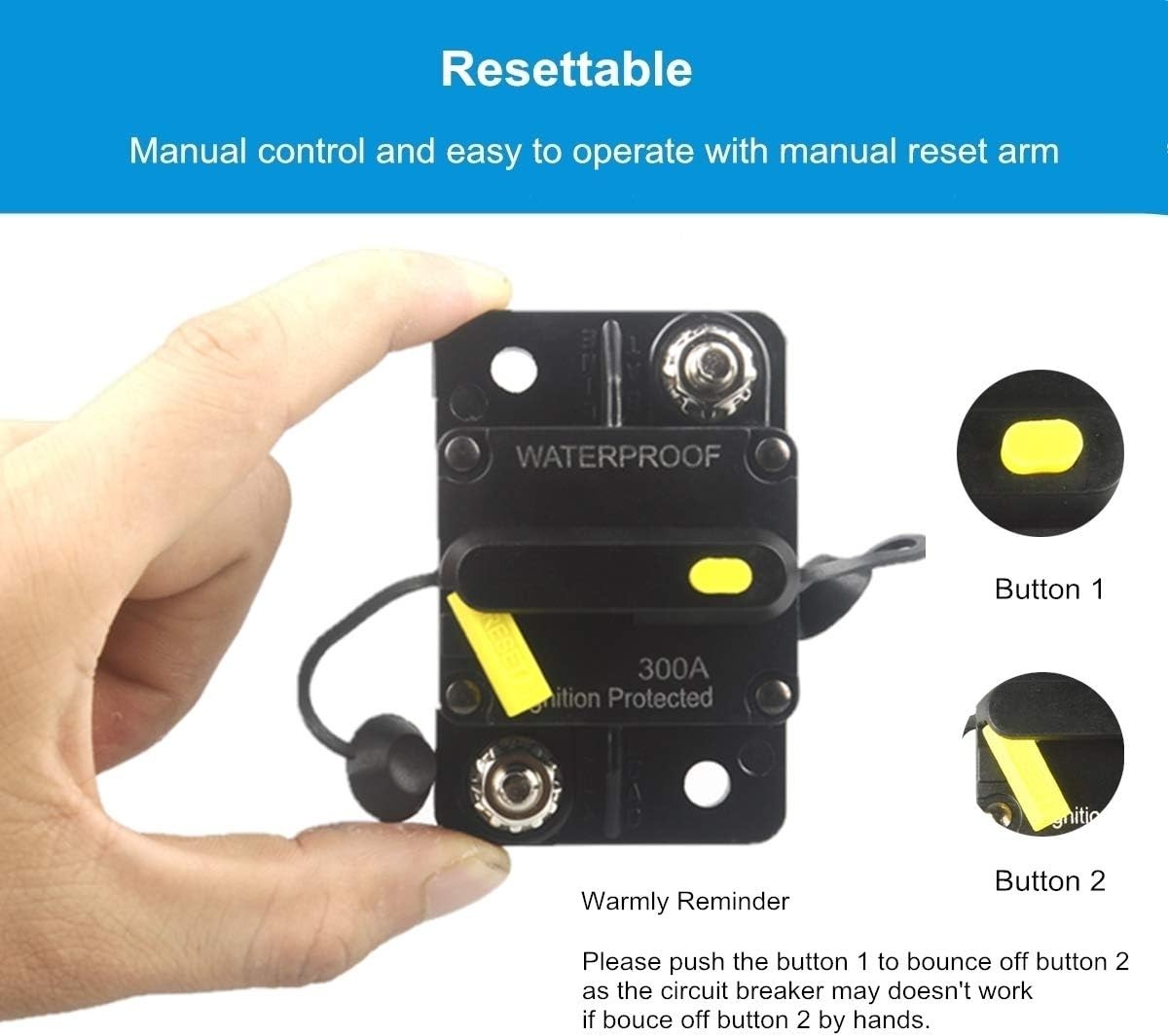 Waterproof 300A Yellow Manual Reset Circuit Breaker 12V-48V