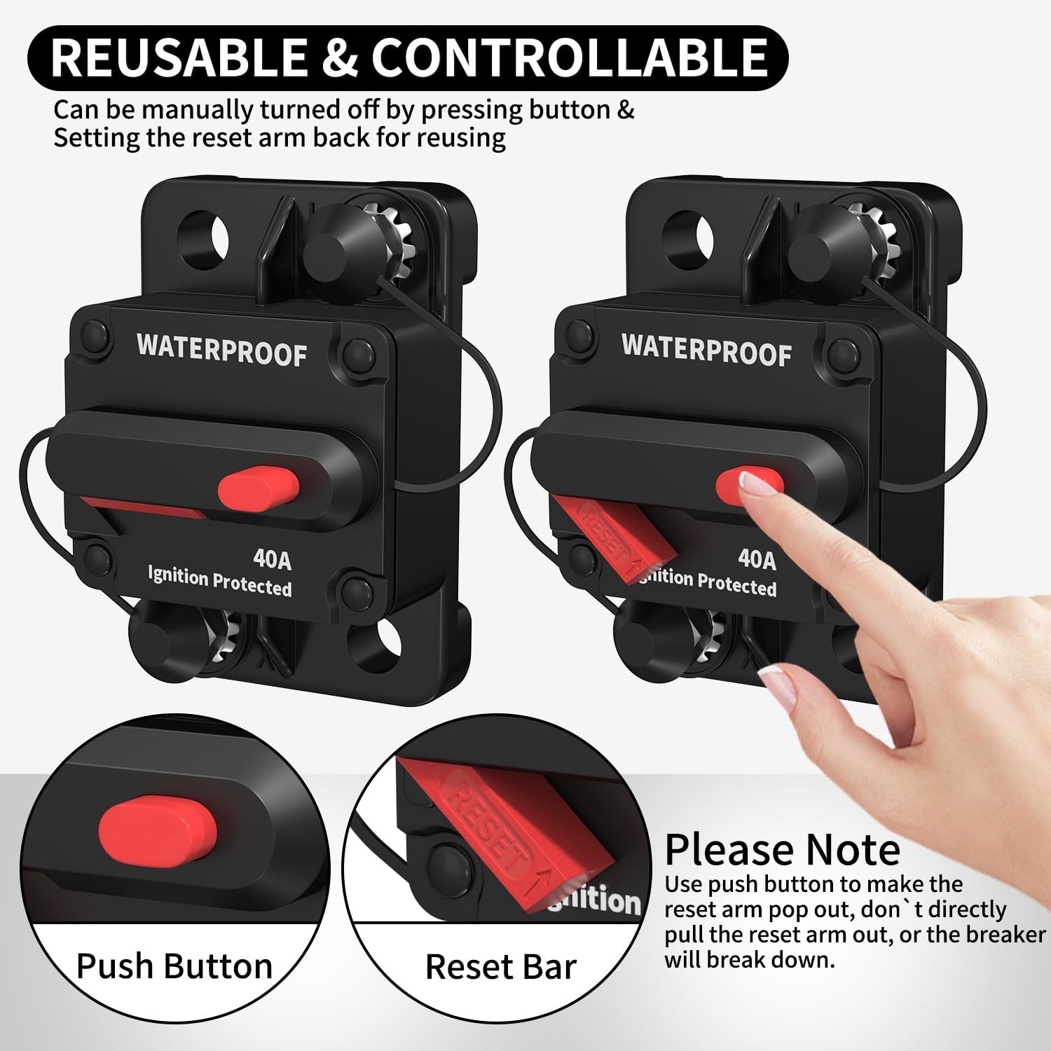 40 Amp Waterproof Circuit Breaker 12V48V for Marine, Automotive, RV, ATV 2