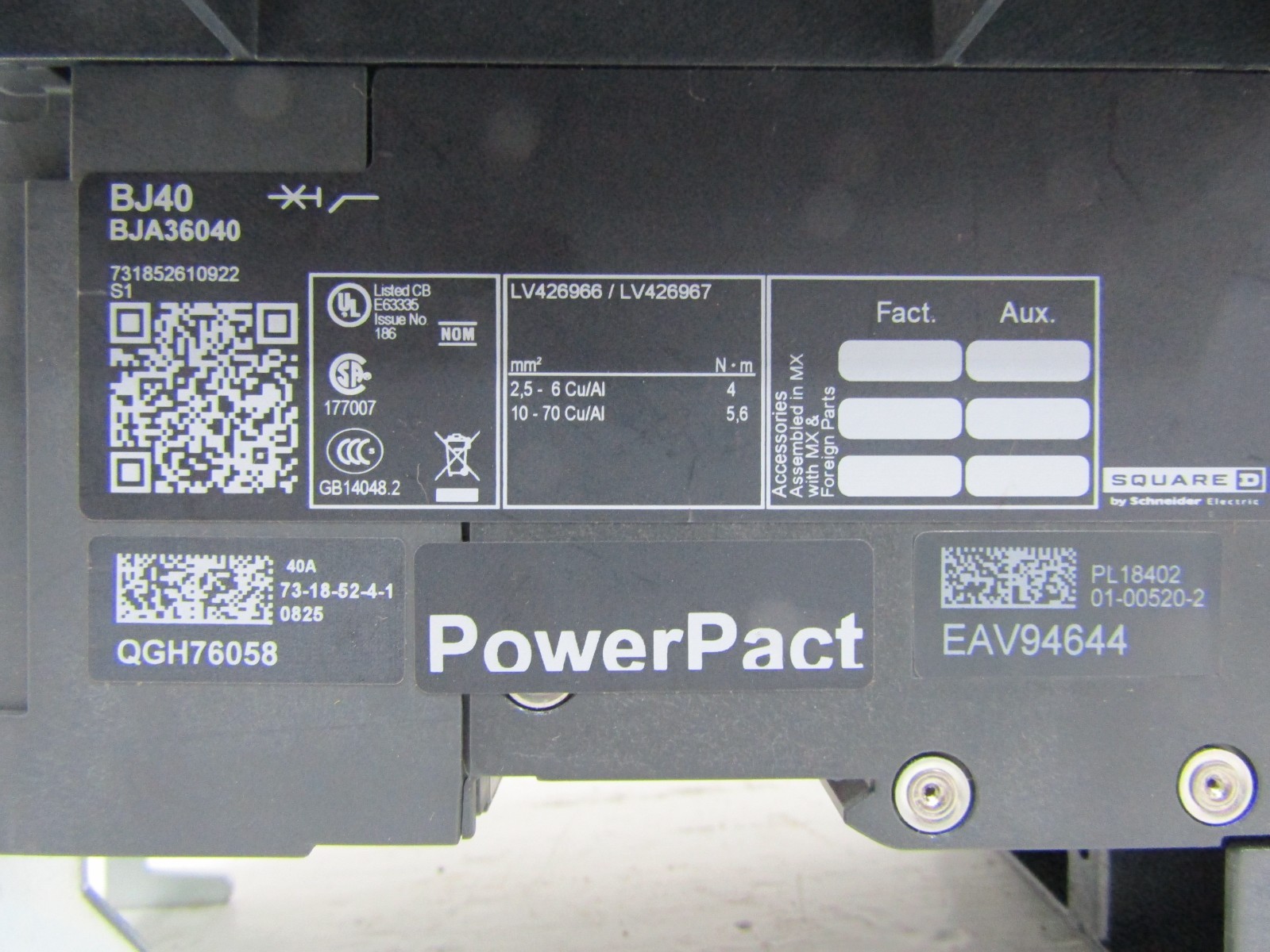 Square D BJA36040 40 Amp PowerPact I-Line Circuit Breaker 40A BJ40 New Take Out