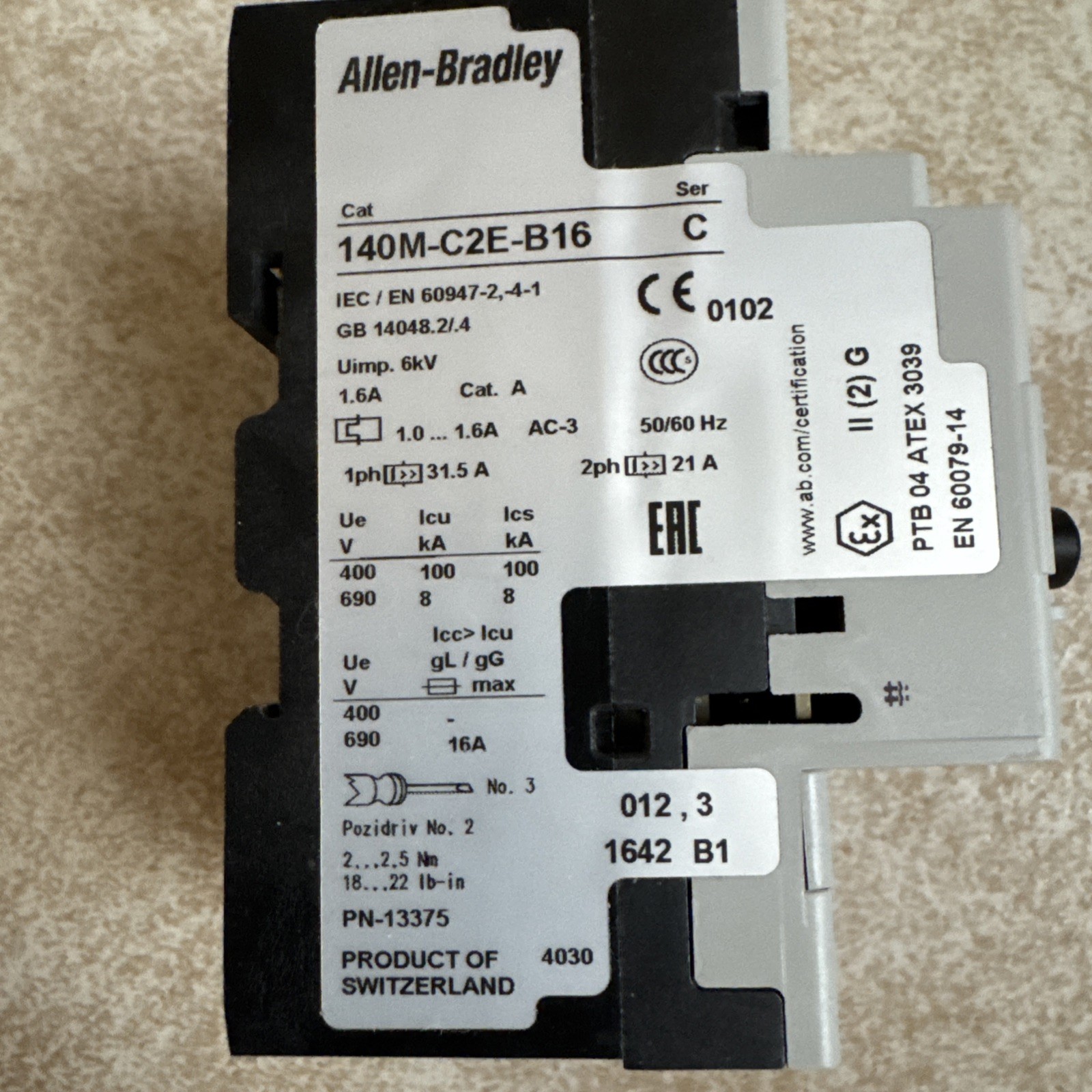 ALLEN BRADLEY 140M-C2E-B16 SER C MOTOR PROTECTOR CIRCUIT BREAKER 1.0-1.6A