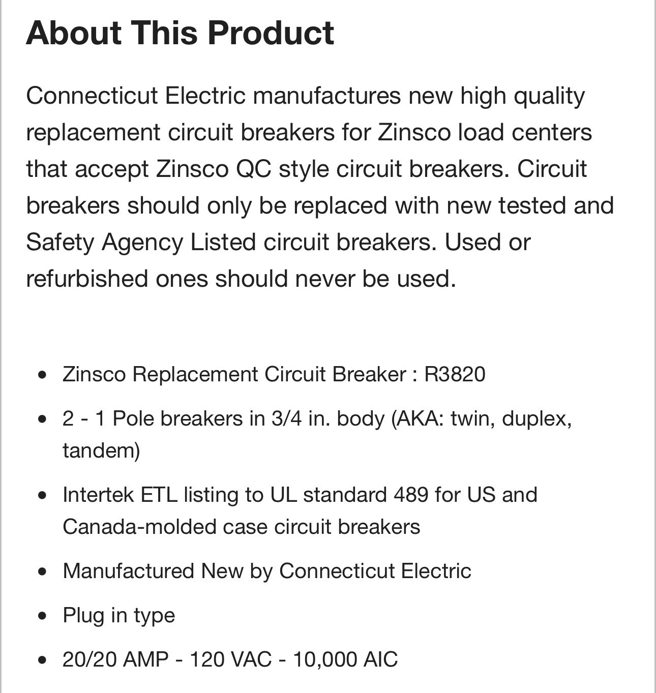 Connecticut Electric UBI VPKUBIZ2020 20 Amp Single Pole Twin Circuit Breaker