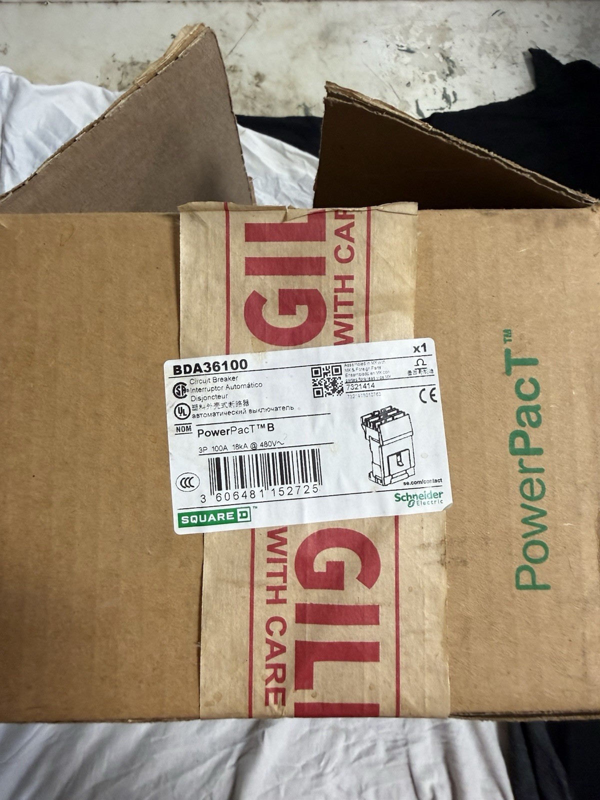 Square D PowerPacT BDA36100 3-Pole 100A 480Vac I-Line Circuit Breaker