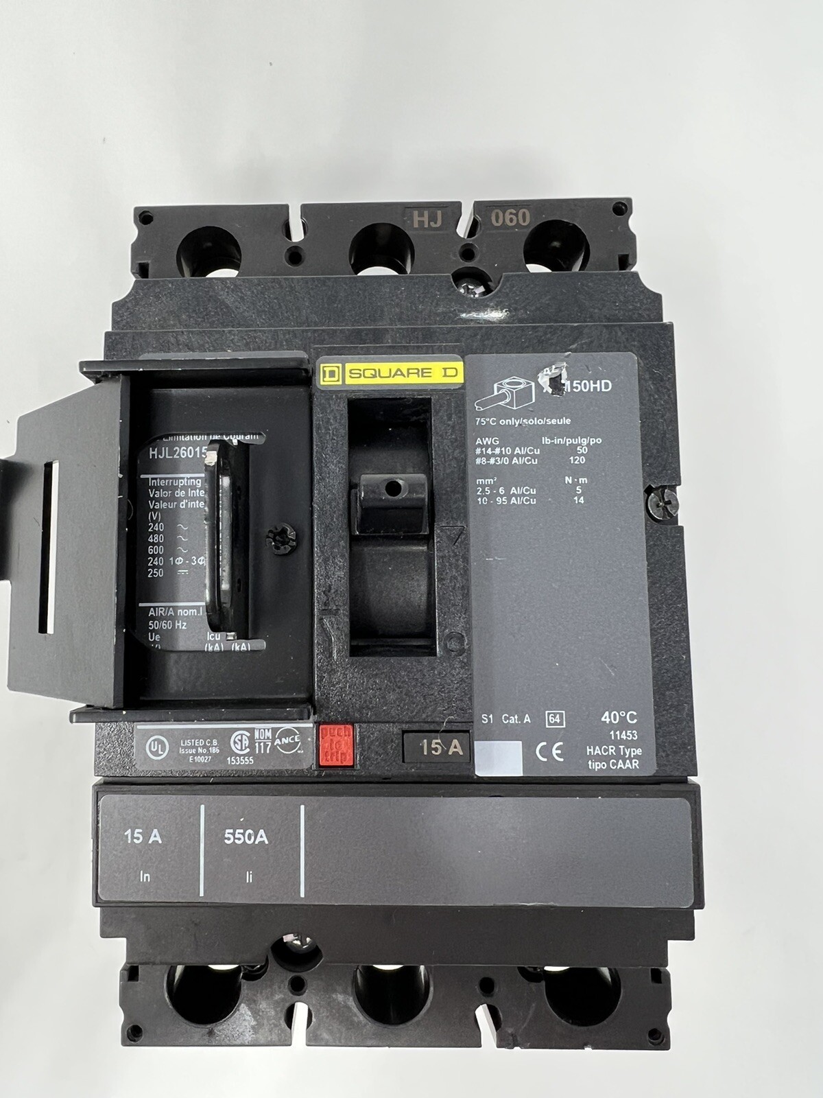 Square D HJ L26015 PowerPact HJ060 Circuit Breaker 15Amp 2-Pole 600V