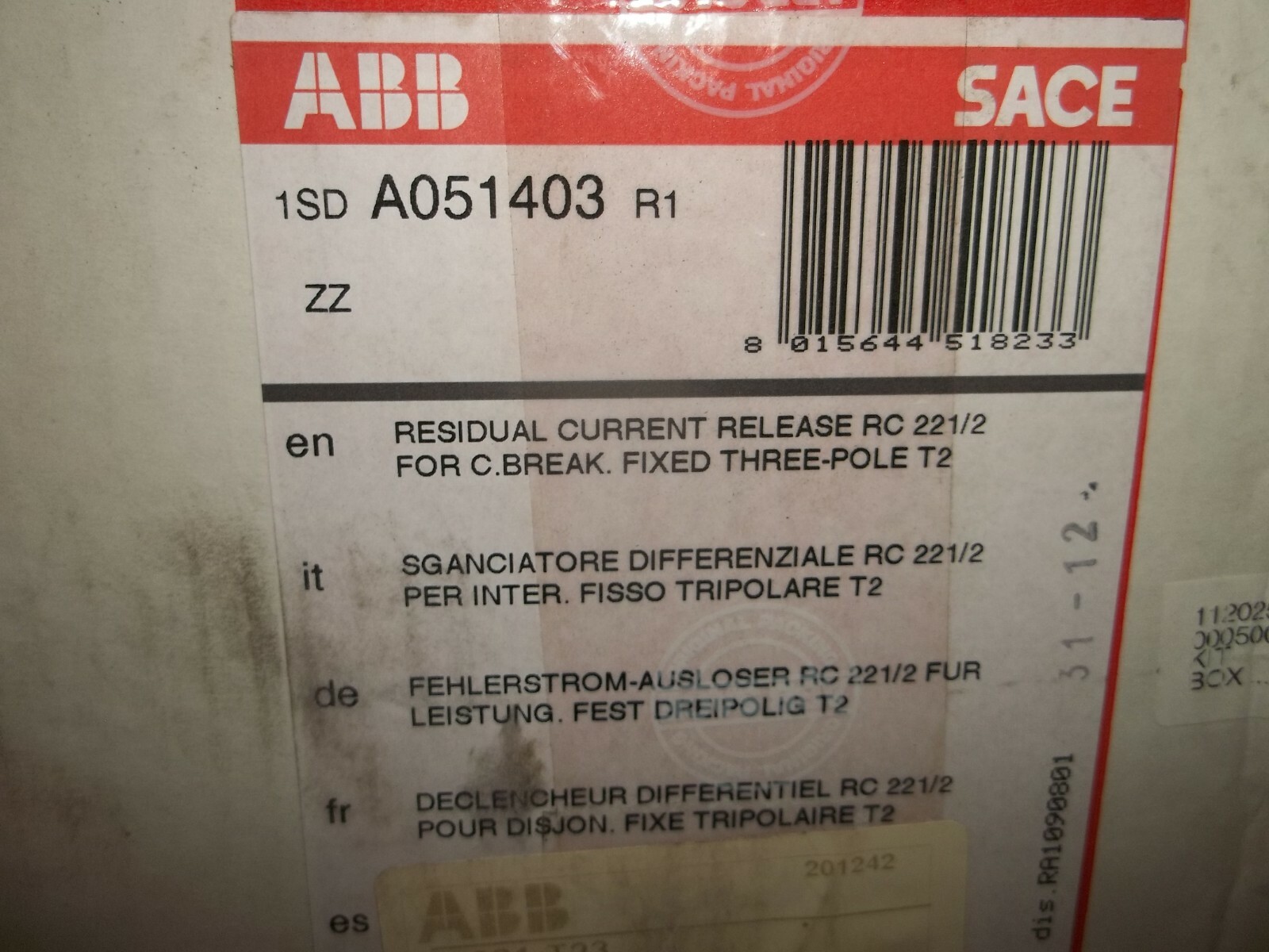 NIB ABB 1SDA051403R1 RC221 RESIDUAL CURRENT RELEASE FOR SACE T2 BREAKER (700)