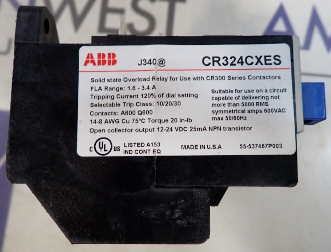 ABB CR324CXES 1.6-3.4 Amp 600 VAC 3 Pole Solid State Overload Relay -TESTED