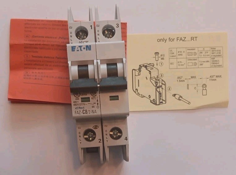 Eaton FAZ-C8/2-NA 2 Pole 8A Trip C Miniature Circuit Breaker 102166, NEW
