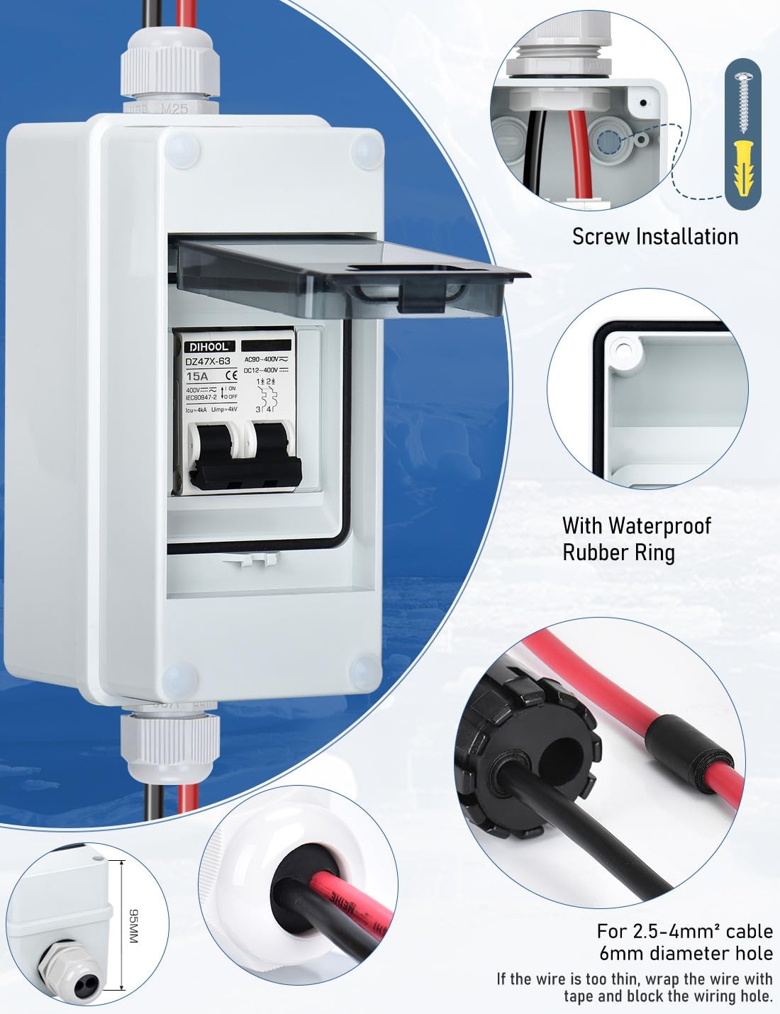 DIHOOL AC DC Miniature Circuit Breaker with IP65 Din Box, 15 Amp Dual Pole 12…