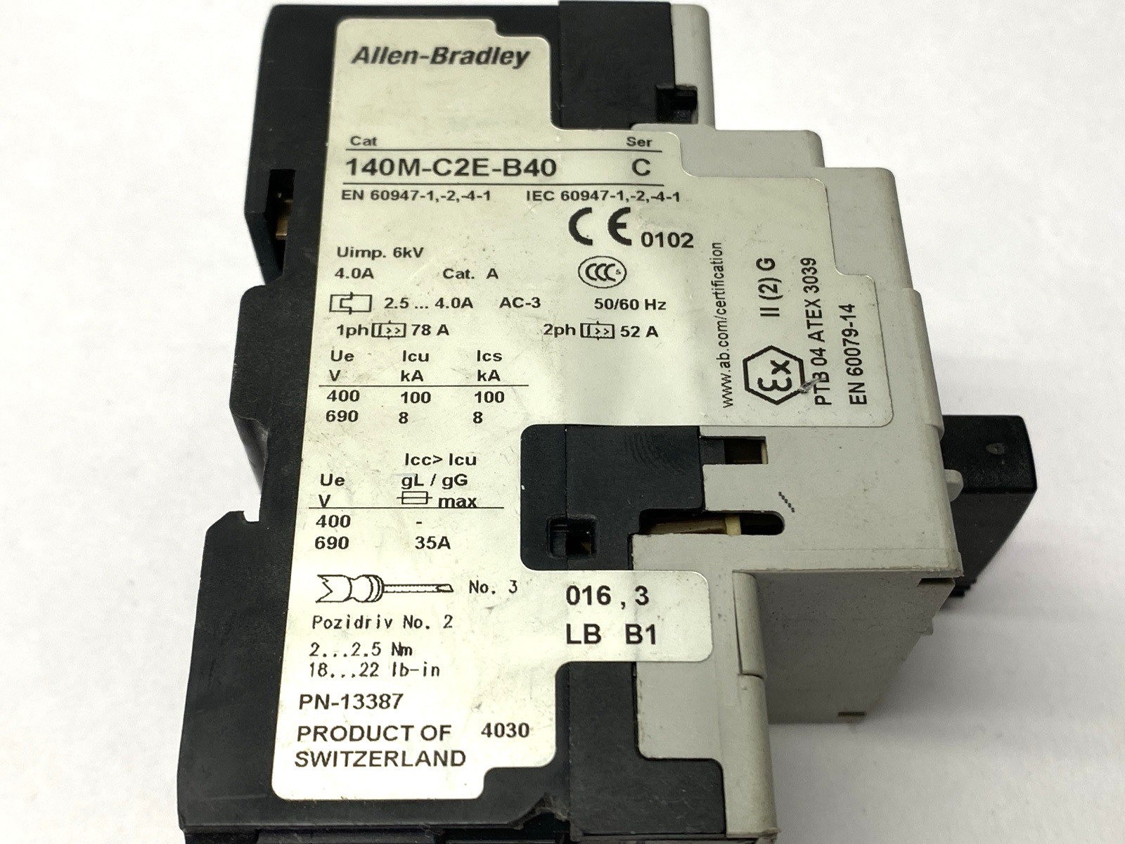 Allen Bradley 140M-C2E-B40 Ser. C Motor Protection Circuit Breaker 600VAC 2.5-4A