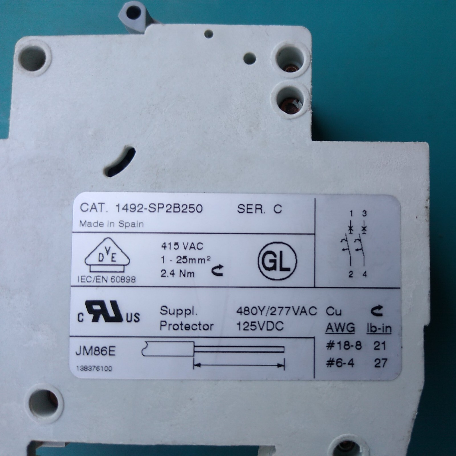 Allen Bradley 1492-SP2B250 Miniature Circuit Breaker Ser. C, 25A, 1492SP2B250 AB