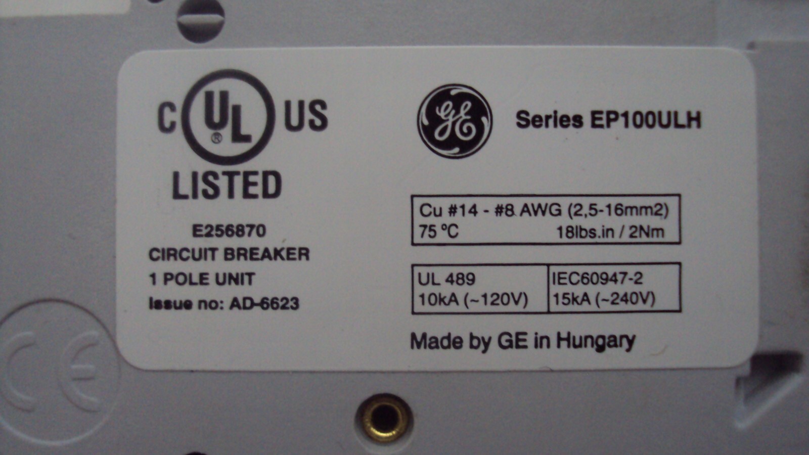 GENERAL ELECTRIC MINI CIRCUIT BREAKER EP101ULH P/N: 690275 C15 AMP 120V 1 POLE