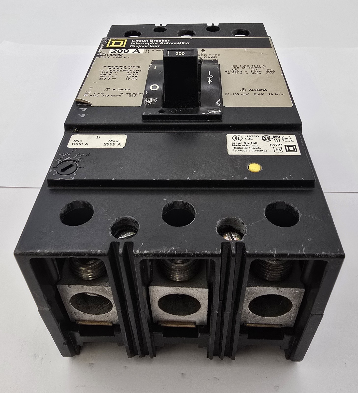 Square D KAL36200 Bolt On Circuit Breaker 200A 600VAC 250VDC HACR 50/60Hz