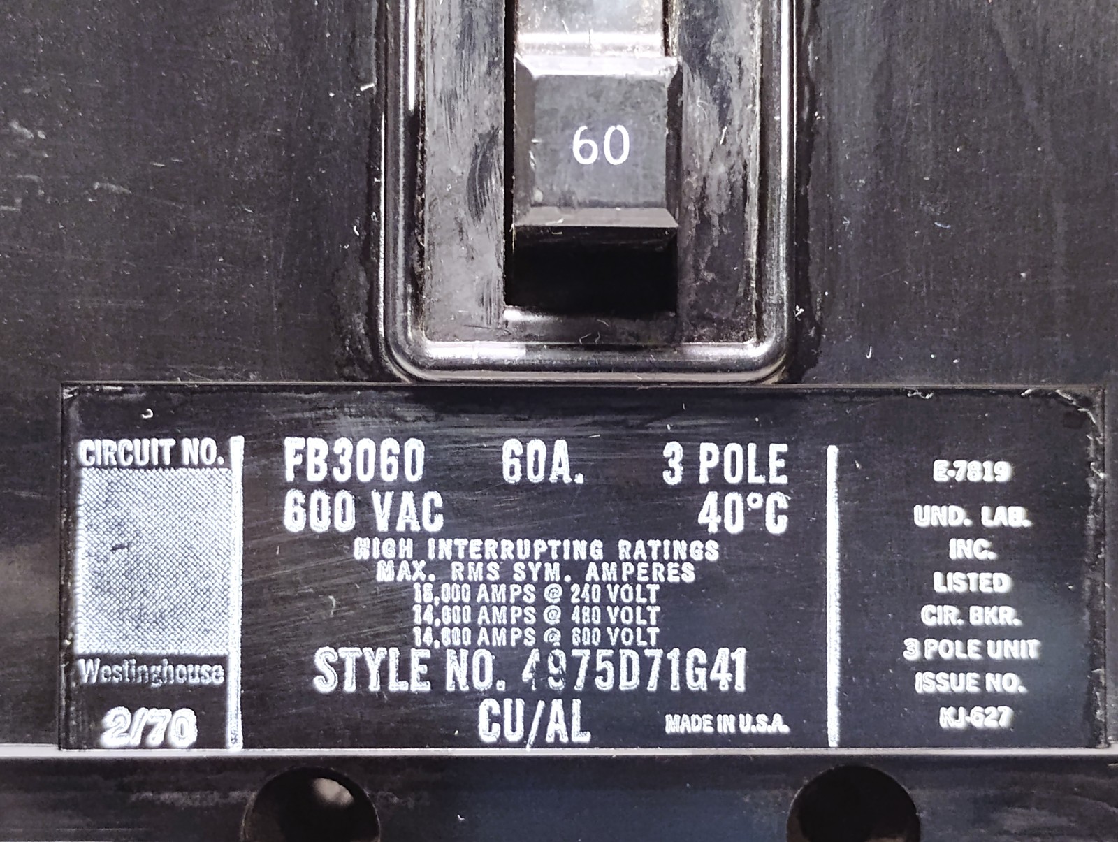 Westinghouse FB3060 600 V AC 60 A 3-Pole 3-Phase Circuit Breaker