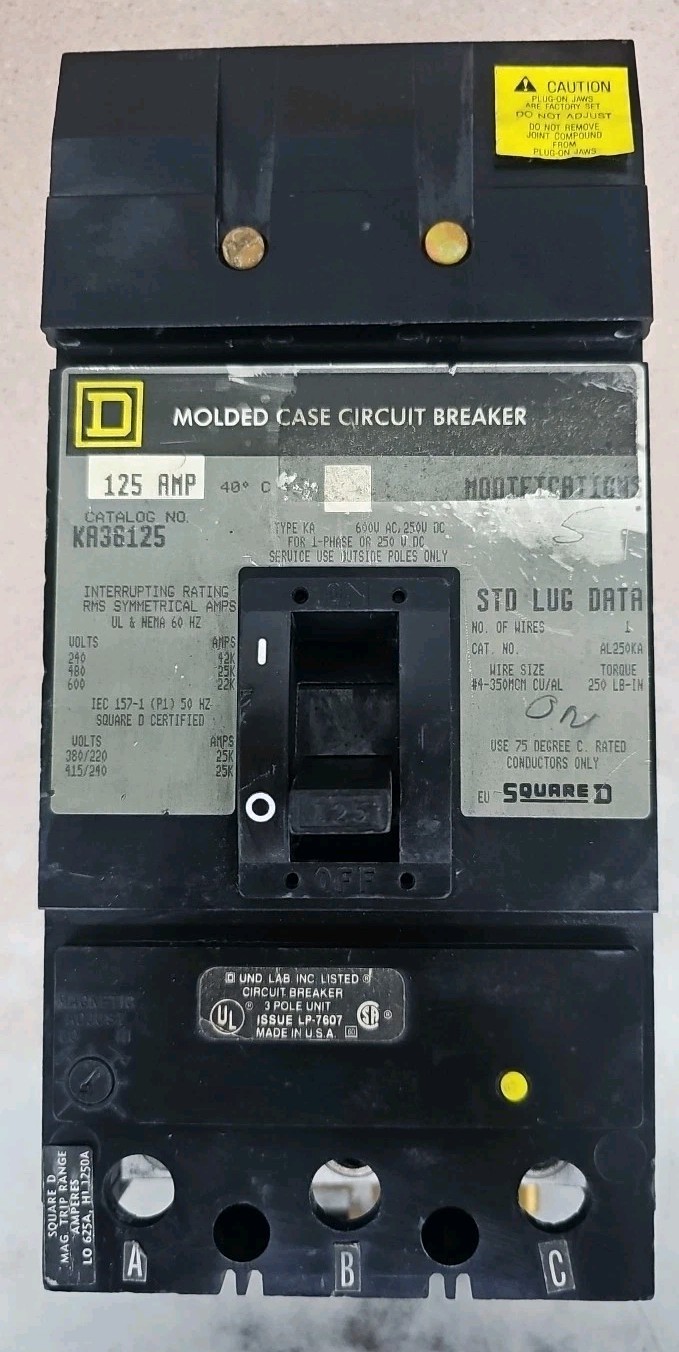 Square D KA36125 125 Amp 600 Vac 3 Pole Circuit Breaker