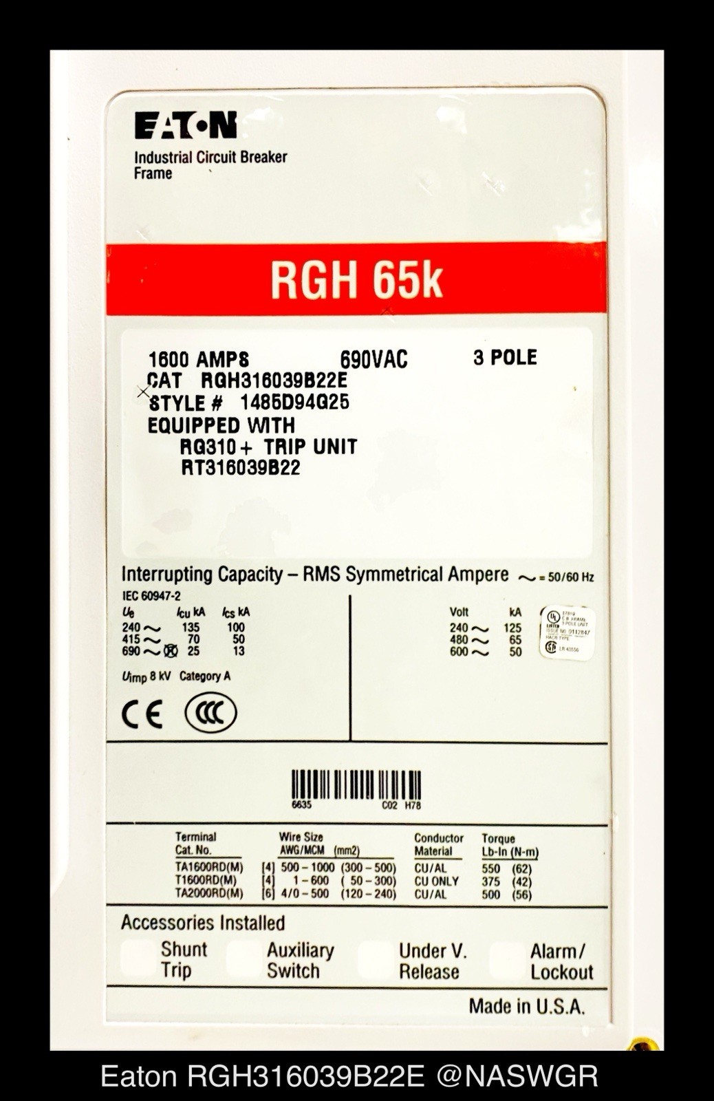 Eaton RGH316039B22E Molded Case Circuit Breaker – 1600 Amp – Unused/Warranty