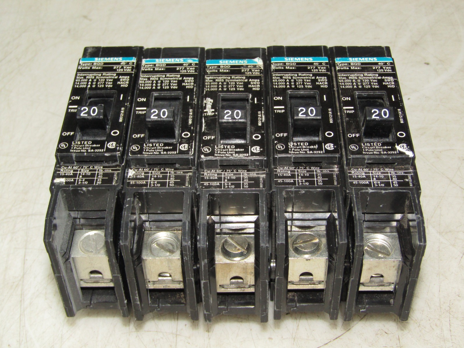 🙌 5) SIEMENS 20 AMP CIRCUIT BREAKER 277 VAC 125 VDC 1 POLE LOT OF 5