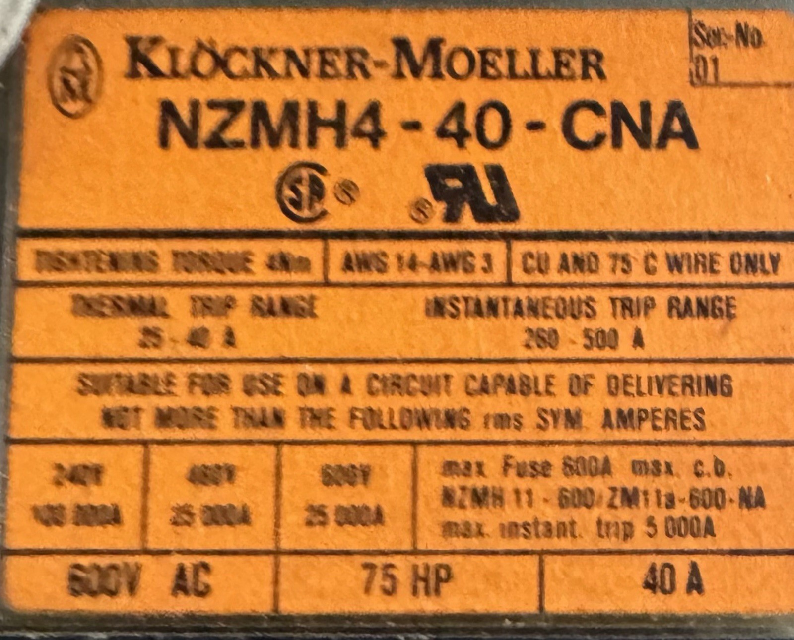 Klöckner-Moeller NZMH4-40-CNA Main Breaker 40A 3-Pole 600V AC Thermal Protection