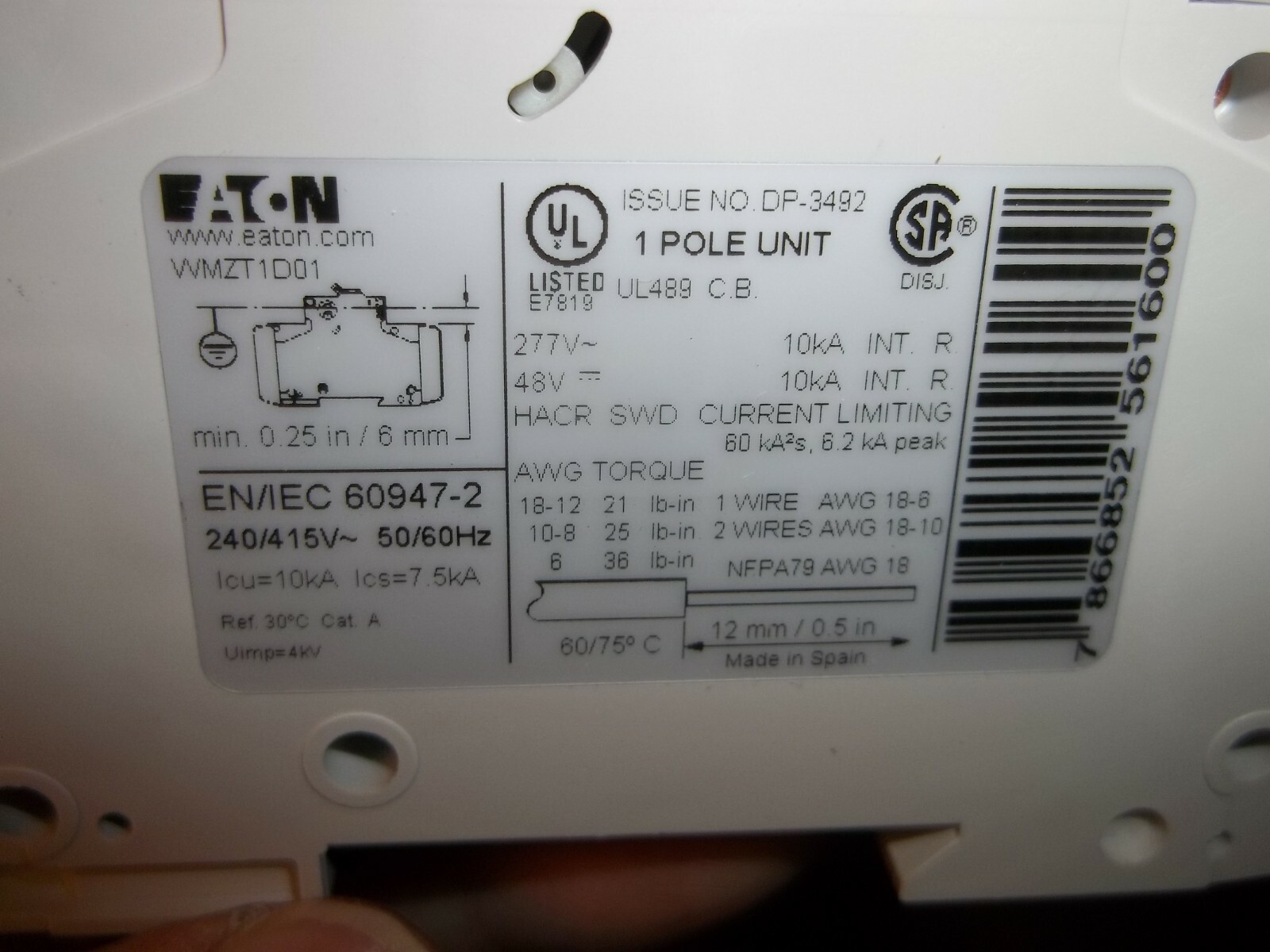 NIB EATON WMZT1D01 CIRCUIT BREAKER 1 POLE 1A (286-1)