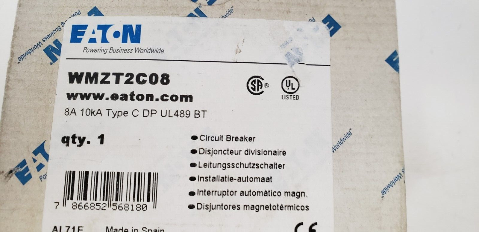 EATON WMZT2C08 (FAZ-C8-2-NA) CIRCUIT BREAKER, 8 AMP, 480Y/277V, 2 POLE, NIB