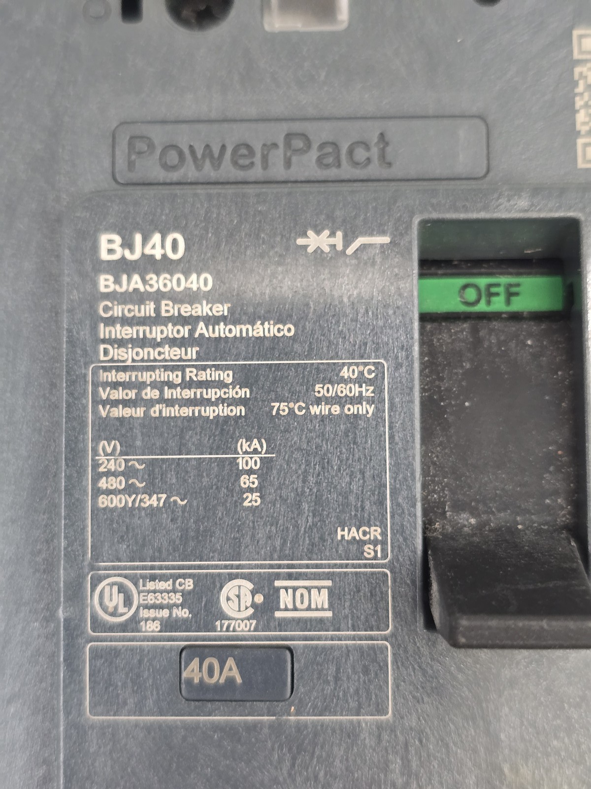Square D BJA36040 I-Line PowerPact Circuit Breaker 40A 3P 600Y/347V HACR 50/60Hz