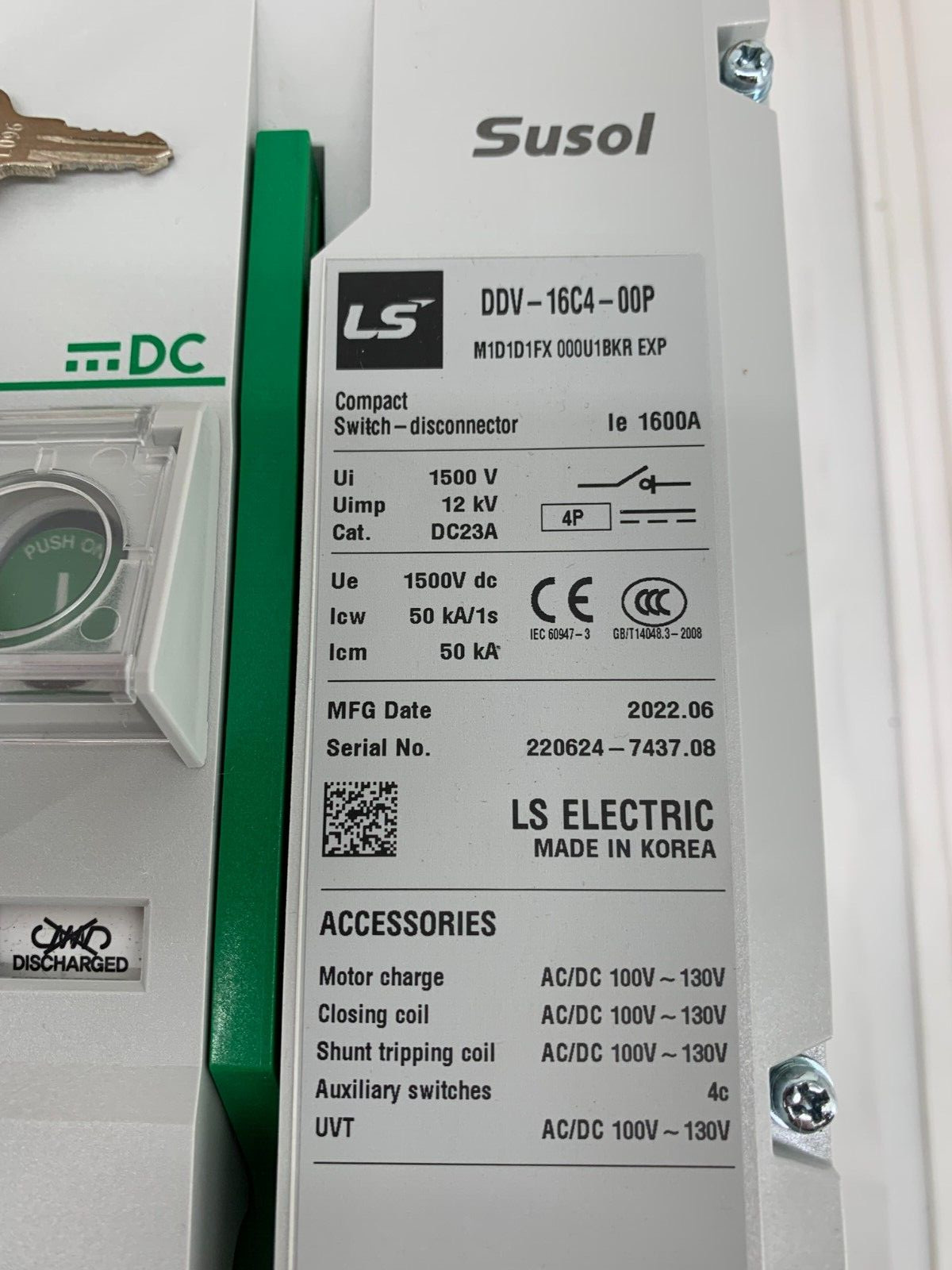 LS Electric Susol DDV-16C4-00P M1D1D1FX 000U1BKR PE Air Circuit Breaker 1500VDC