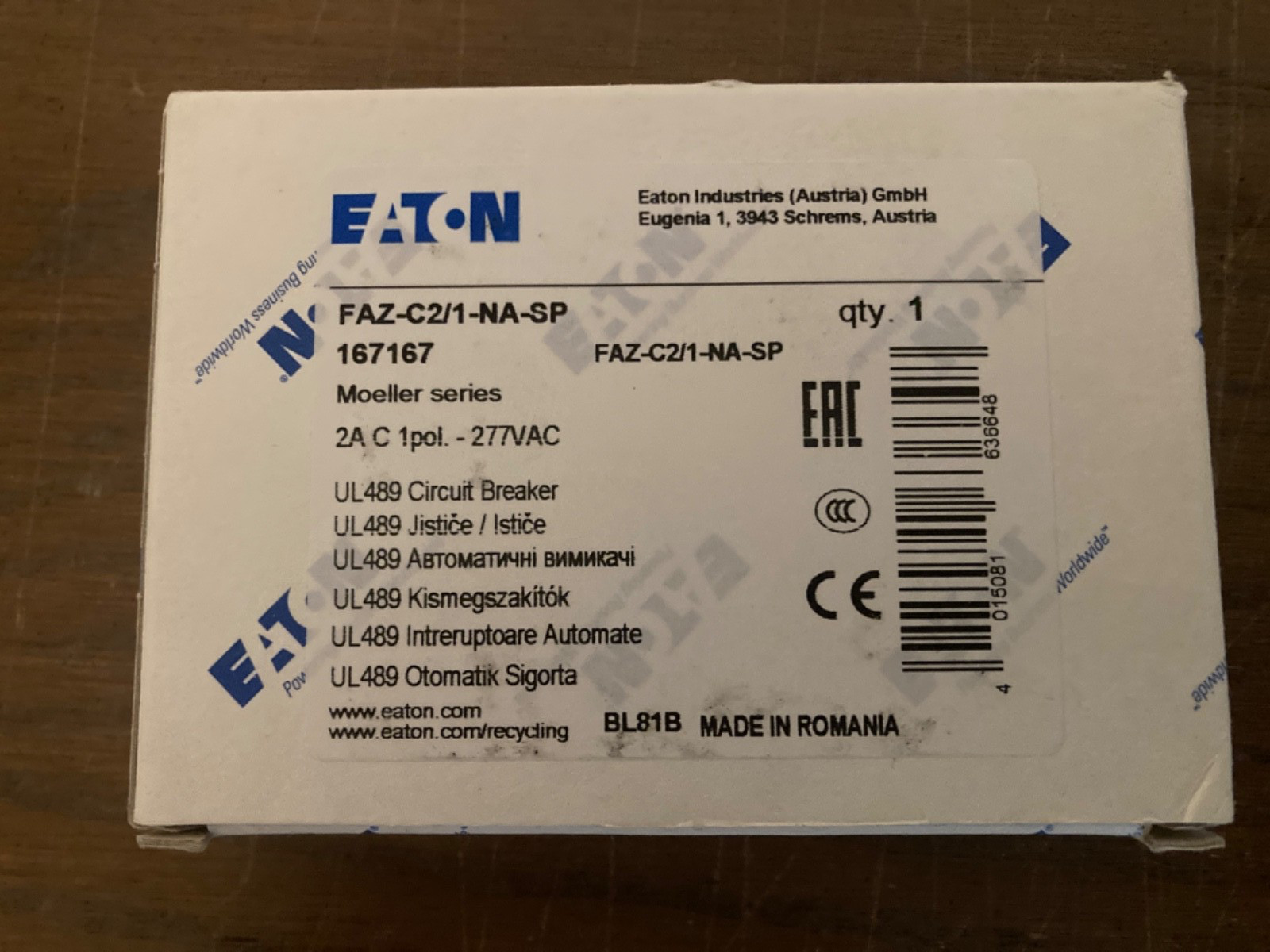EATON CORPORATION FAZ-C2/1-NA-SP CIRCUIT BREAKER NEW IN BOX
