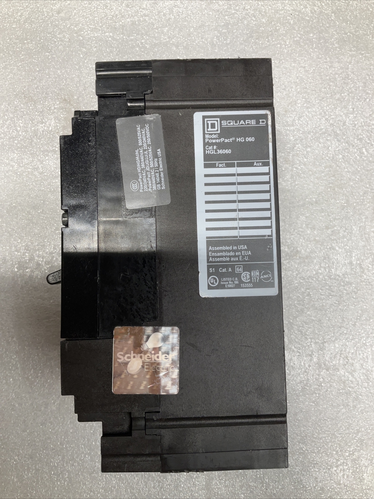 SQUARE D HGL36060 POWERPACT CIRCUIT BREAKER 60 AMP 600 VOLT 3-POLE