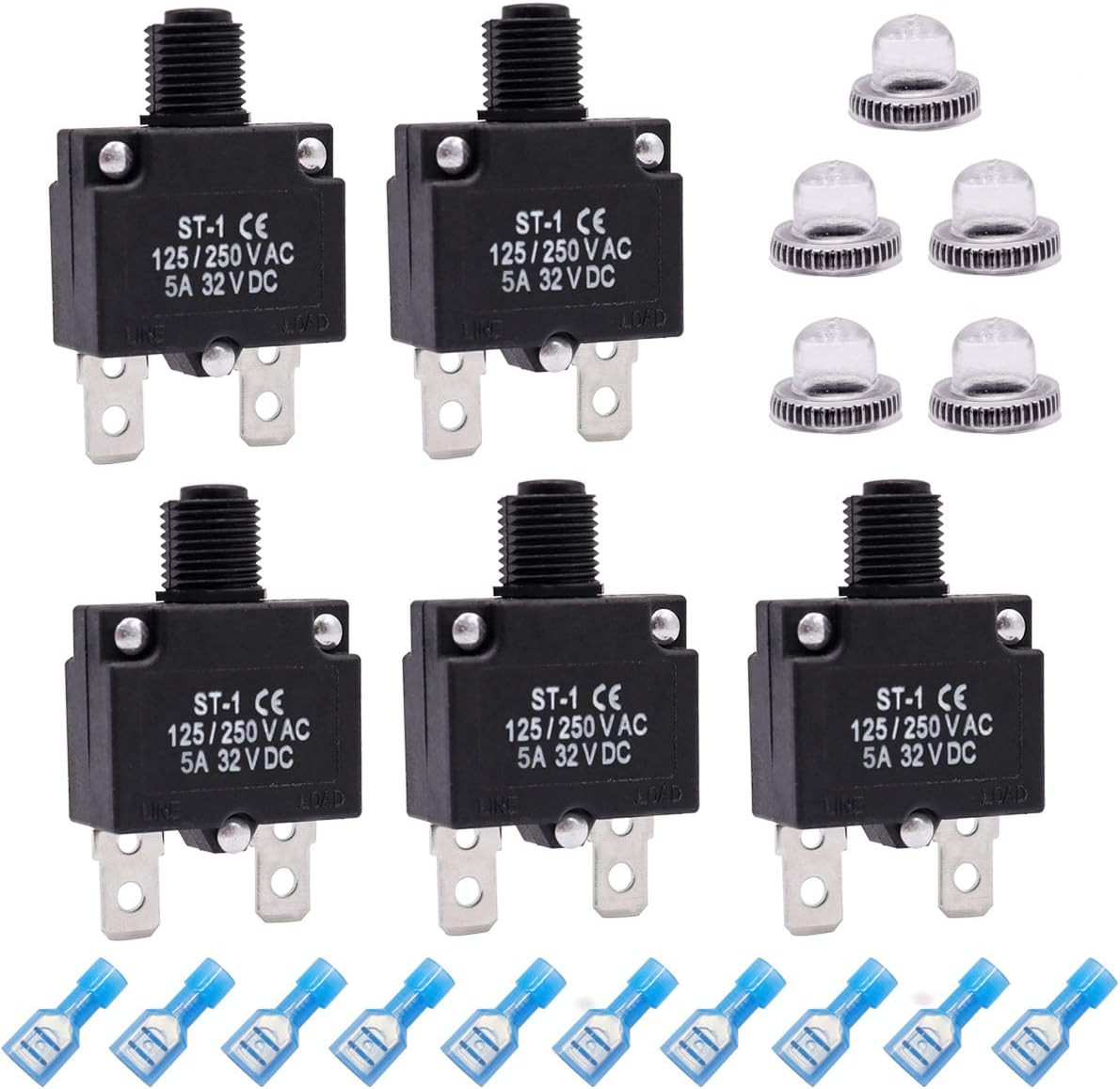 5Pcs 5Amp Circuit Breakers Push Button Manual Reset 125/250V AC 32V Dc,Overload