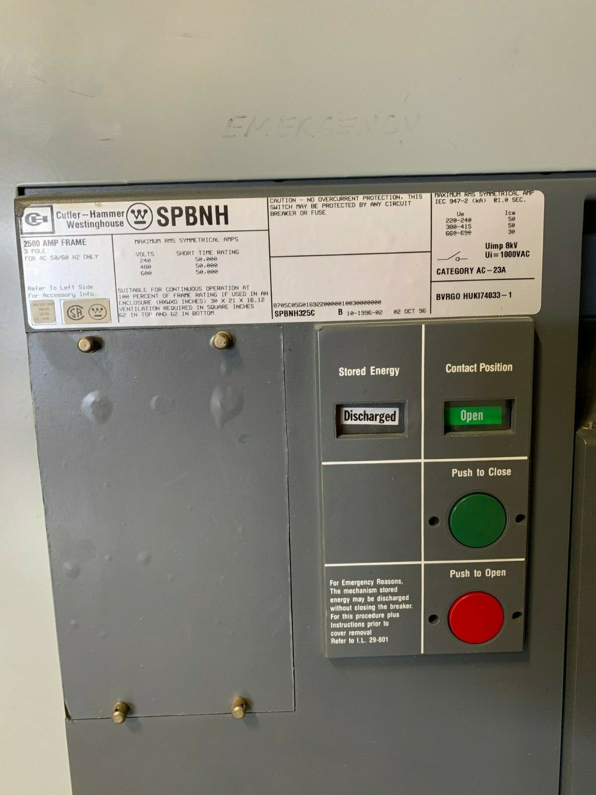 Westinghouse SPBNH 2500A 3p 600V Draw Out Elect Operated Used E-OK SPBNH325C
