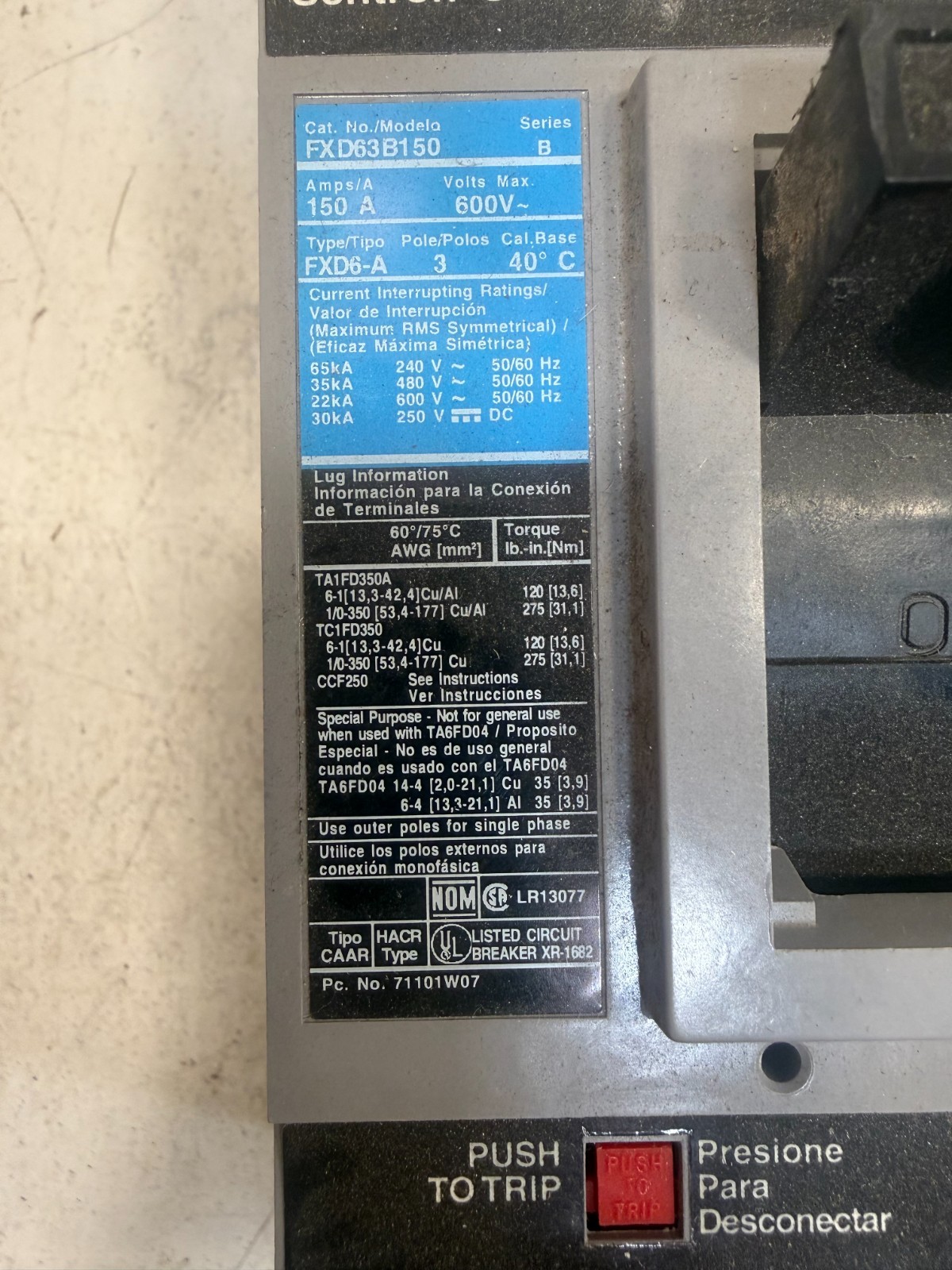 Siemens FXD63B150 Sentron Series 150A 600V 3P Circuit Breaker FXD6-A