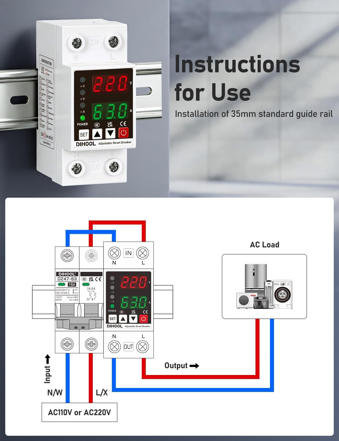 Smart Circuit Breaker with Adjustable Voltage Protection, 70-200V Low and 140…