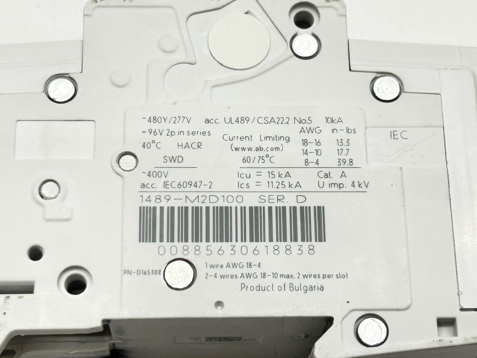 Allen Bradley 1489-M2D100 Ser D 10A 2 Pole D Curve Circuit Breaker UL489