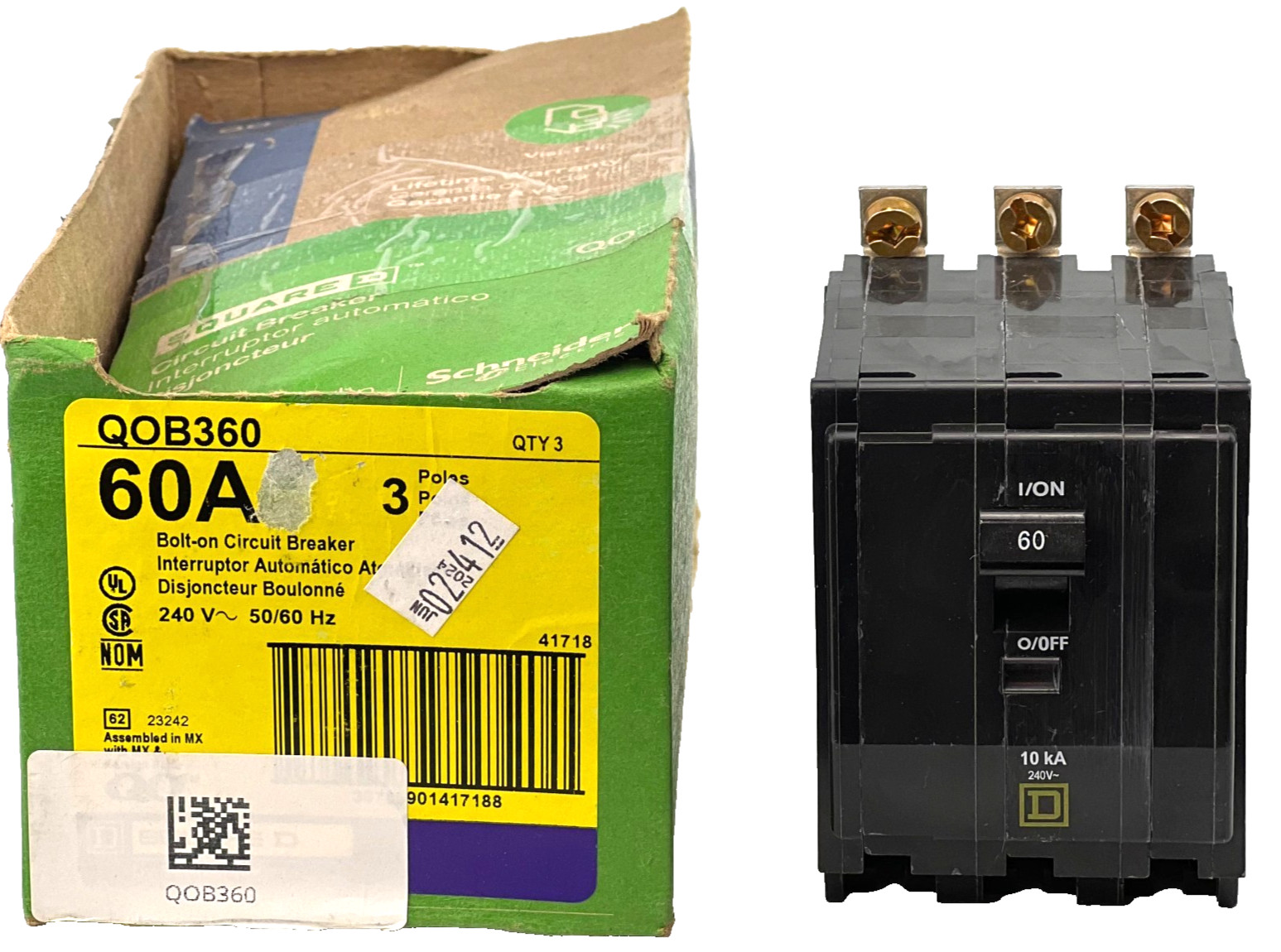 Square D QOB360 3 Pole 60 Amp Circuit Breaker Type QOB 240VAC Bolt On (QTY 1)