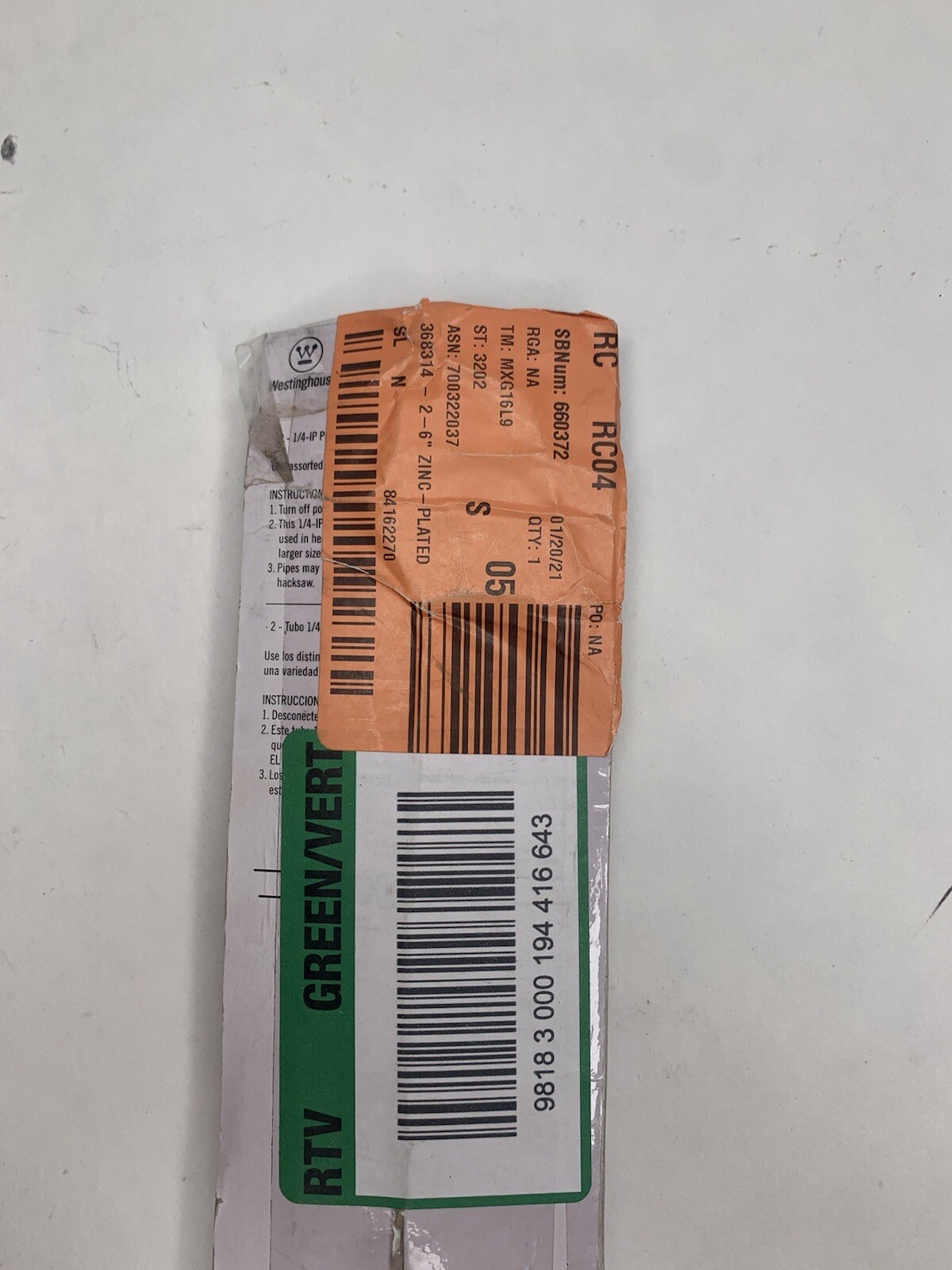 WESTINGHOUSE-7061300 – 2 Steel Nipples Zinc-Plated 6 inches long, Threaded 1/4-I